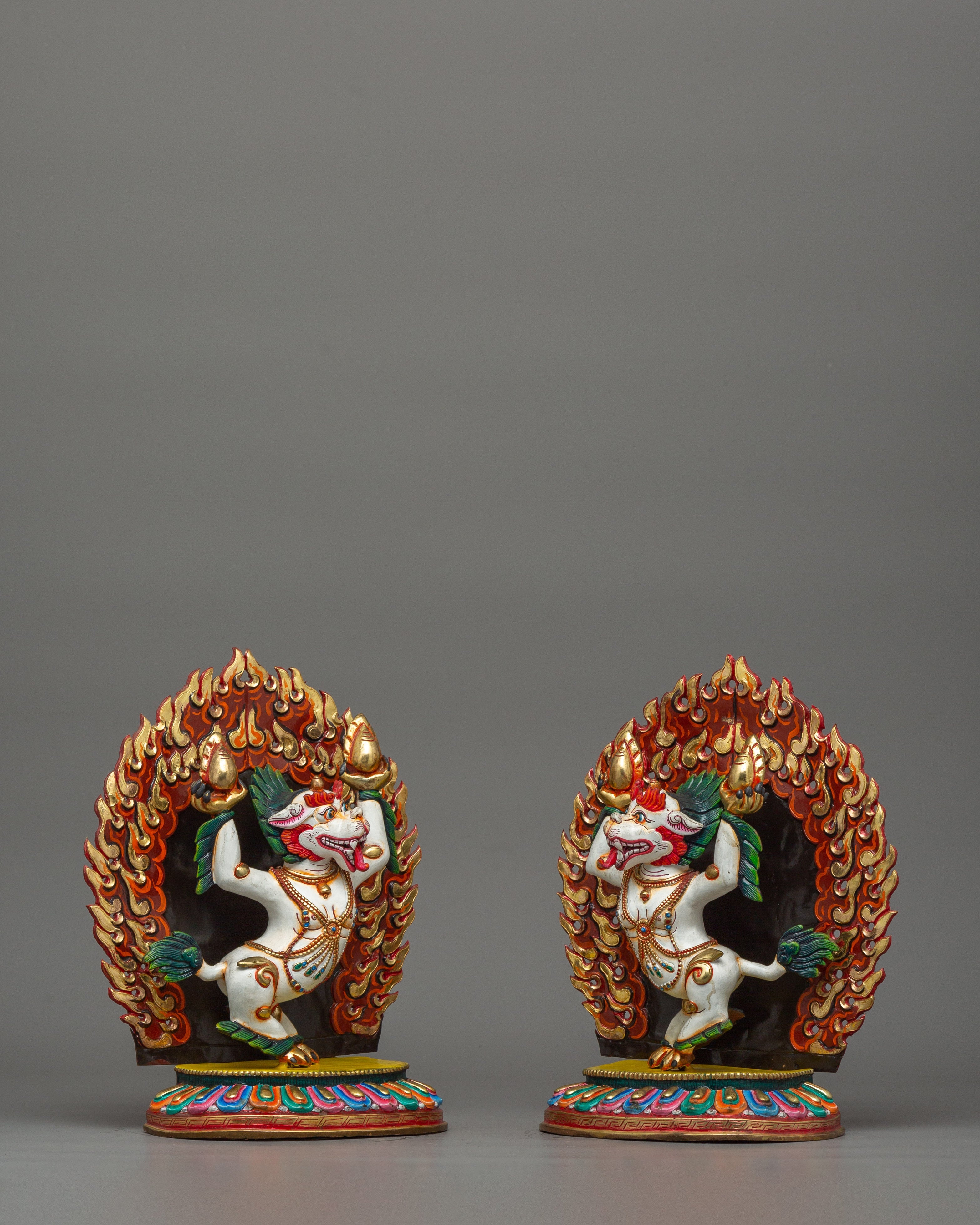Gold-Plated Copper Foo Dog Lion Set | Guardian Statues for Shrines