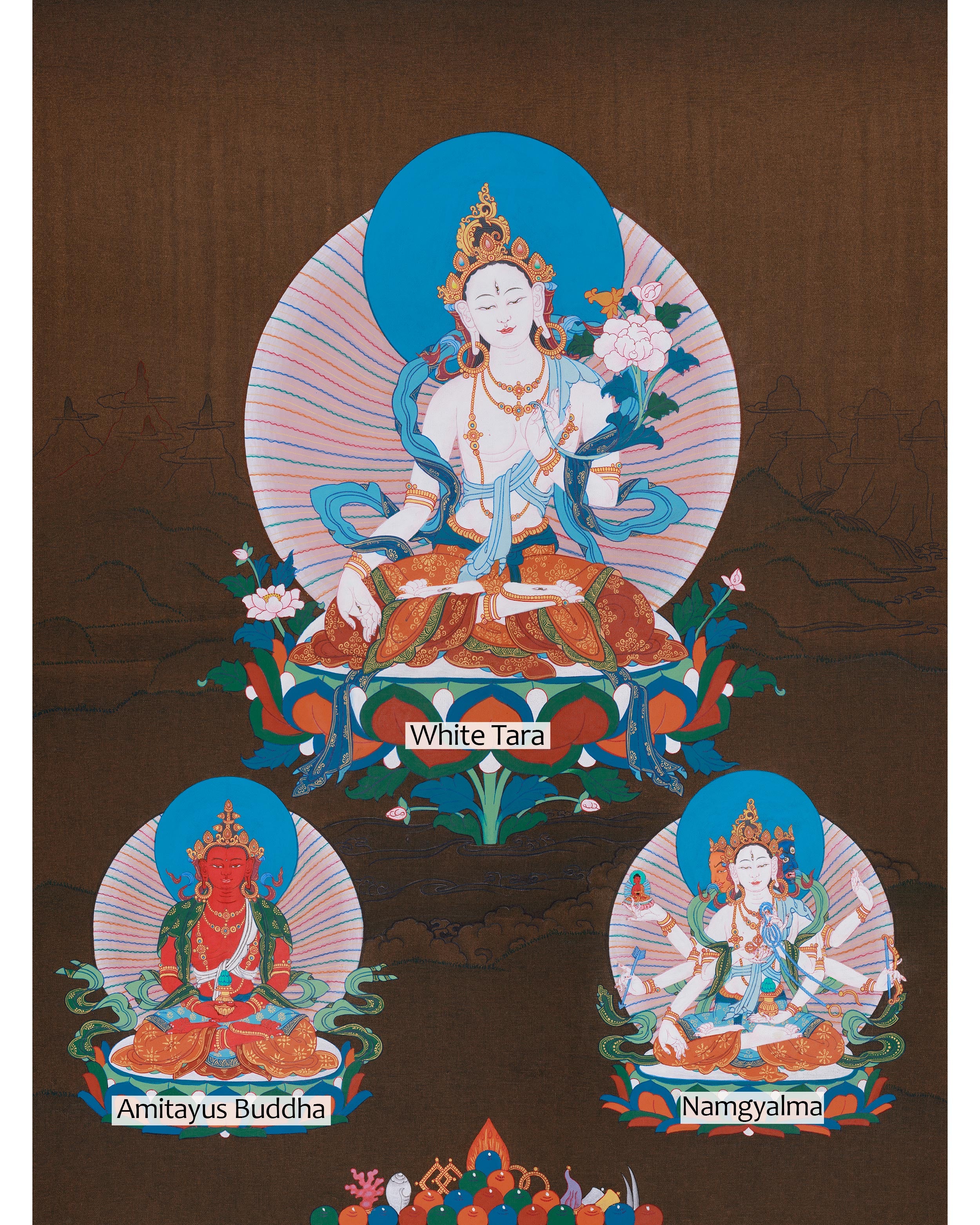 Three Long Life Deities Thangka: White Tara, Amitayus Buddha and Namgyalma
