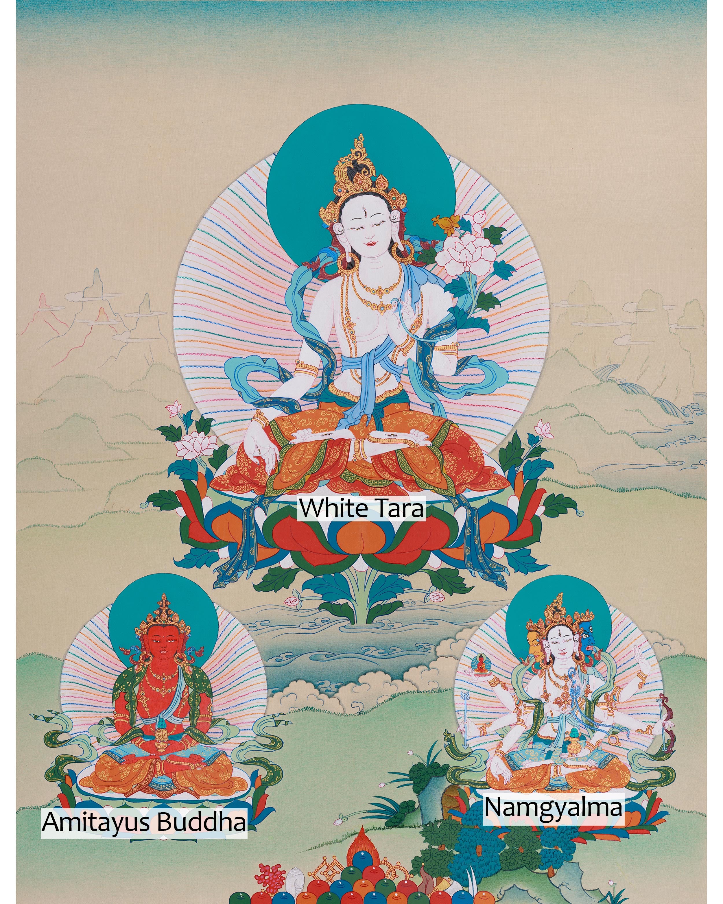 Three Long Life Deities Thangka - White Tara, Amitayus Buddha and Namgyalma