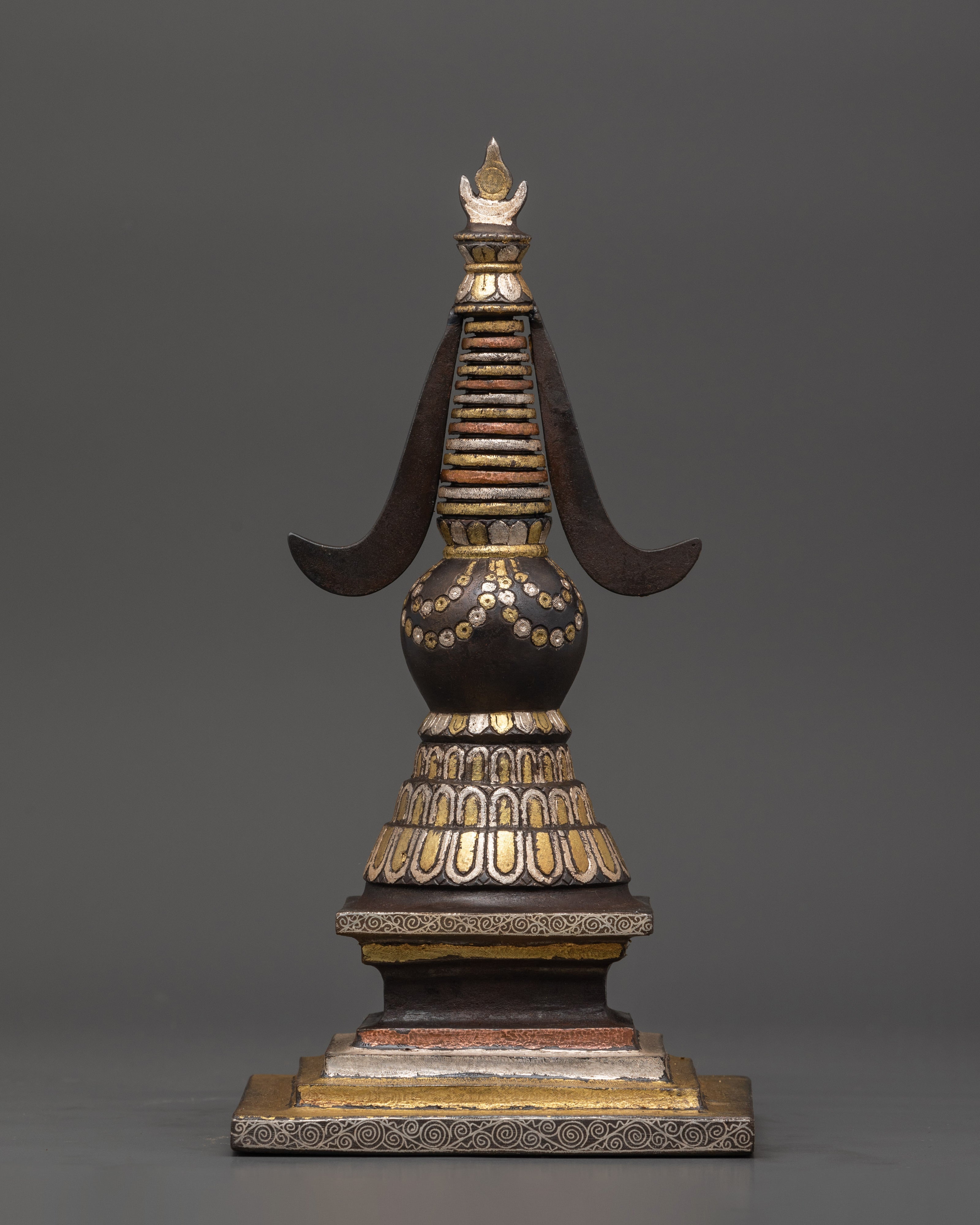 Handcrafted Iron Stupa with Silver Plating & Brass Inlay | For Altar Decor