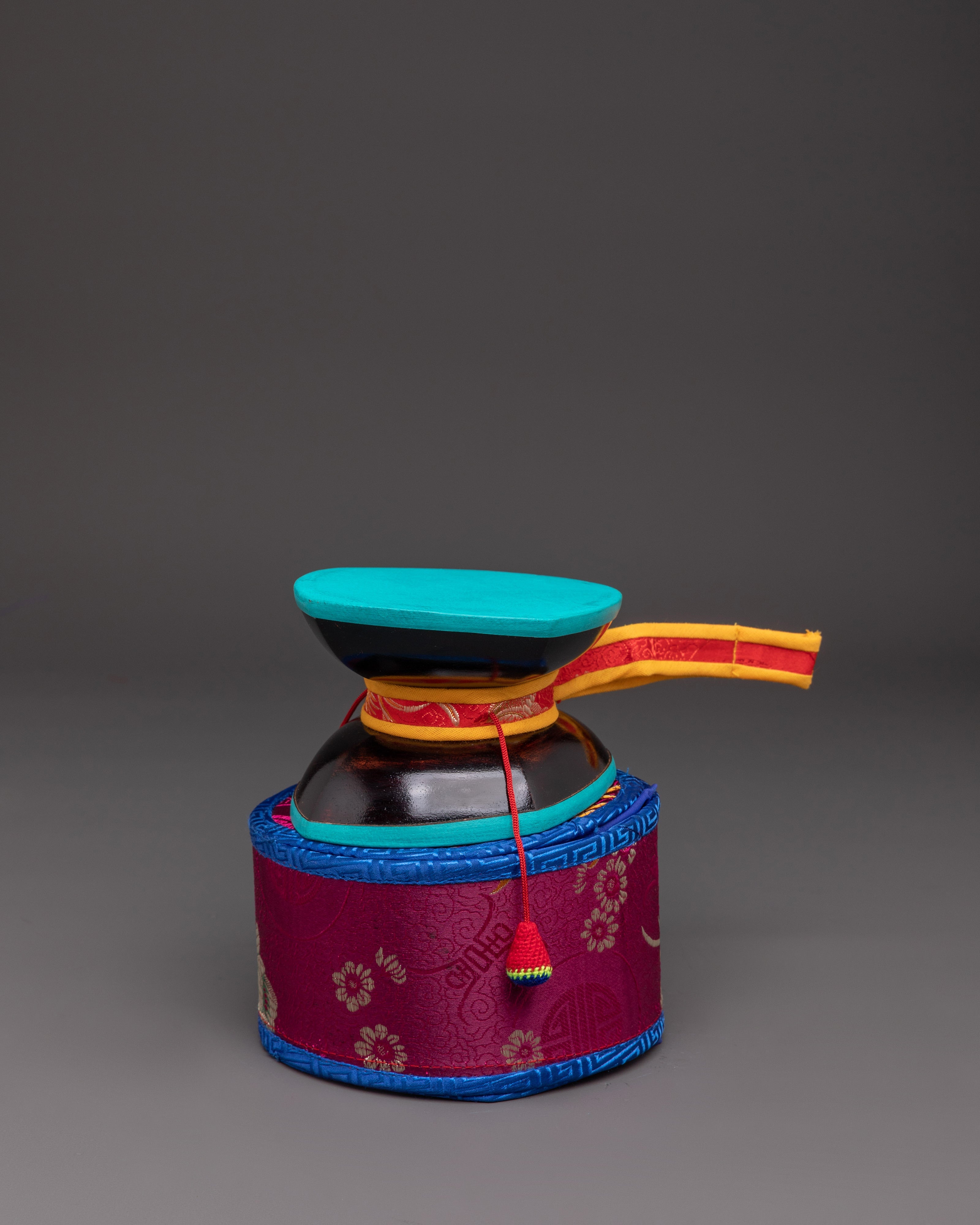 Traditional Buddhist Damaru Drum | Wooden Tibetan Ritual Instrument with Silk Brocade Cover
