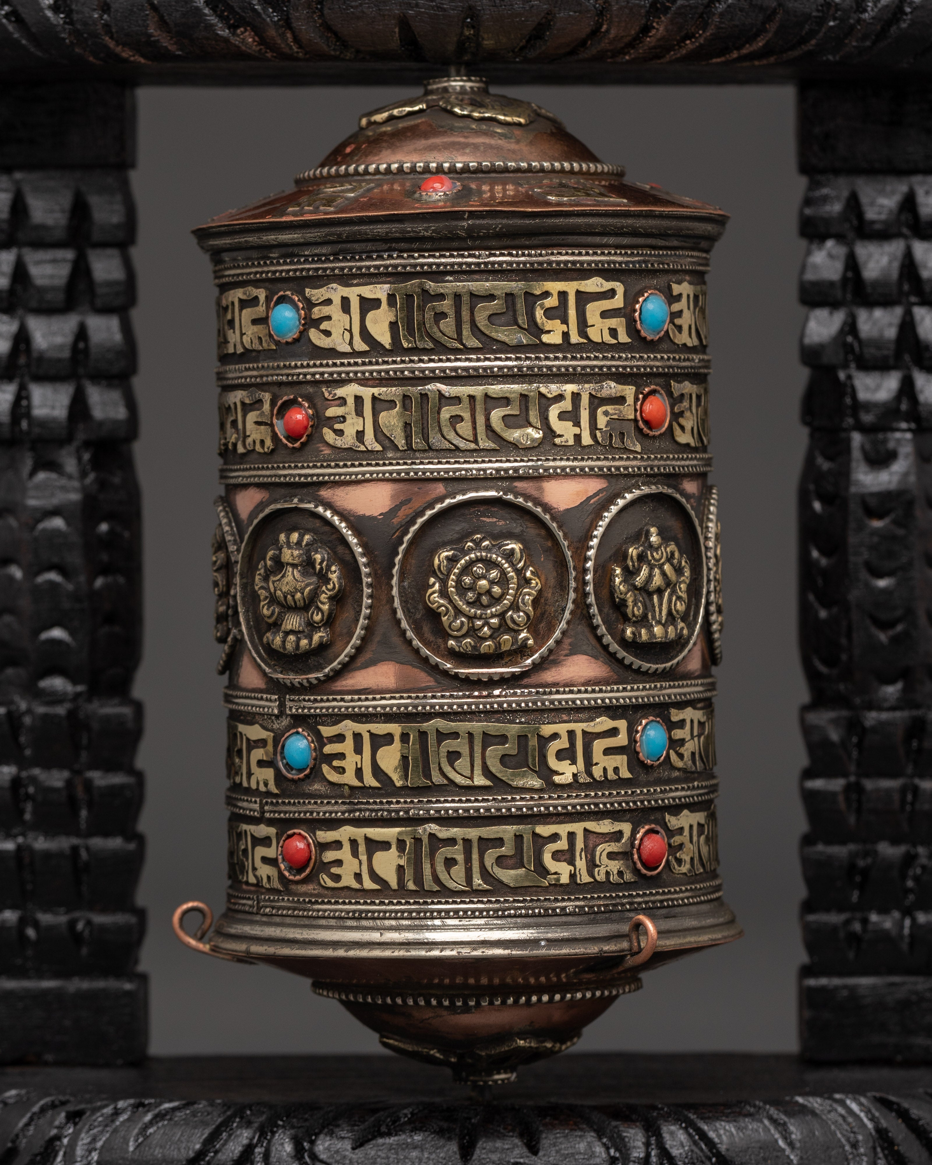 Prayer Wheel Featuring Buddhist Auspicious Symbols | Handcarved Wooden Frame
