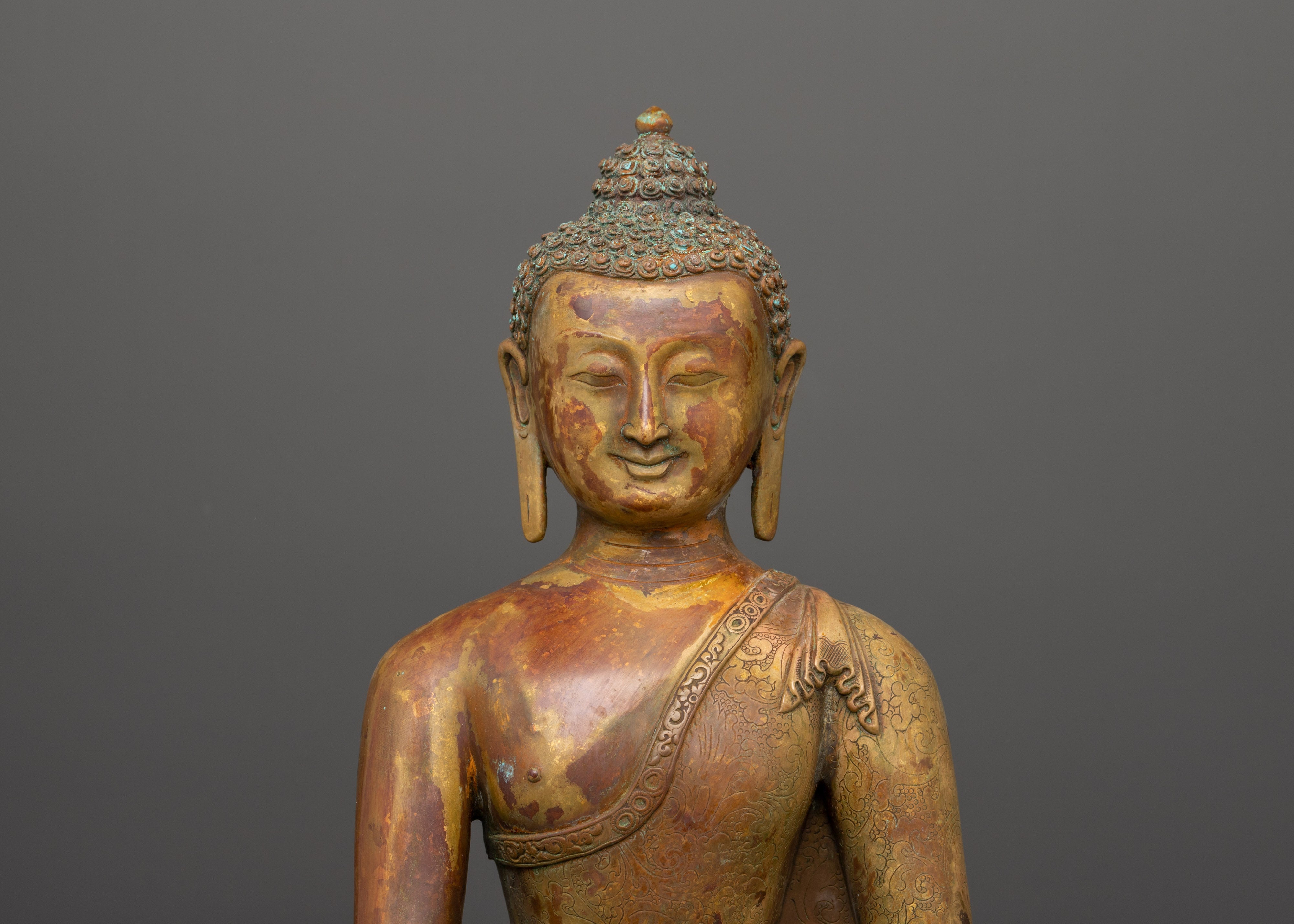 Tranquil Shakyamuni Buddha in Bhumisparsha Mudra | Gold-Plated Copper