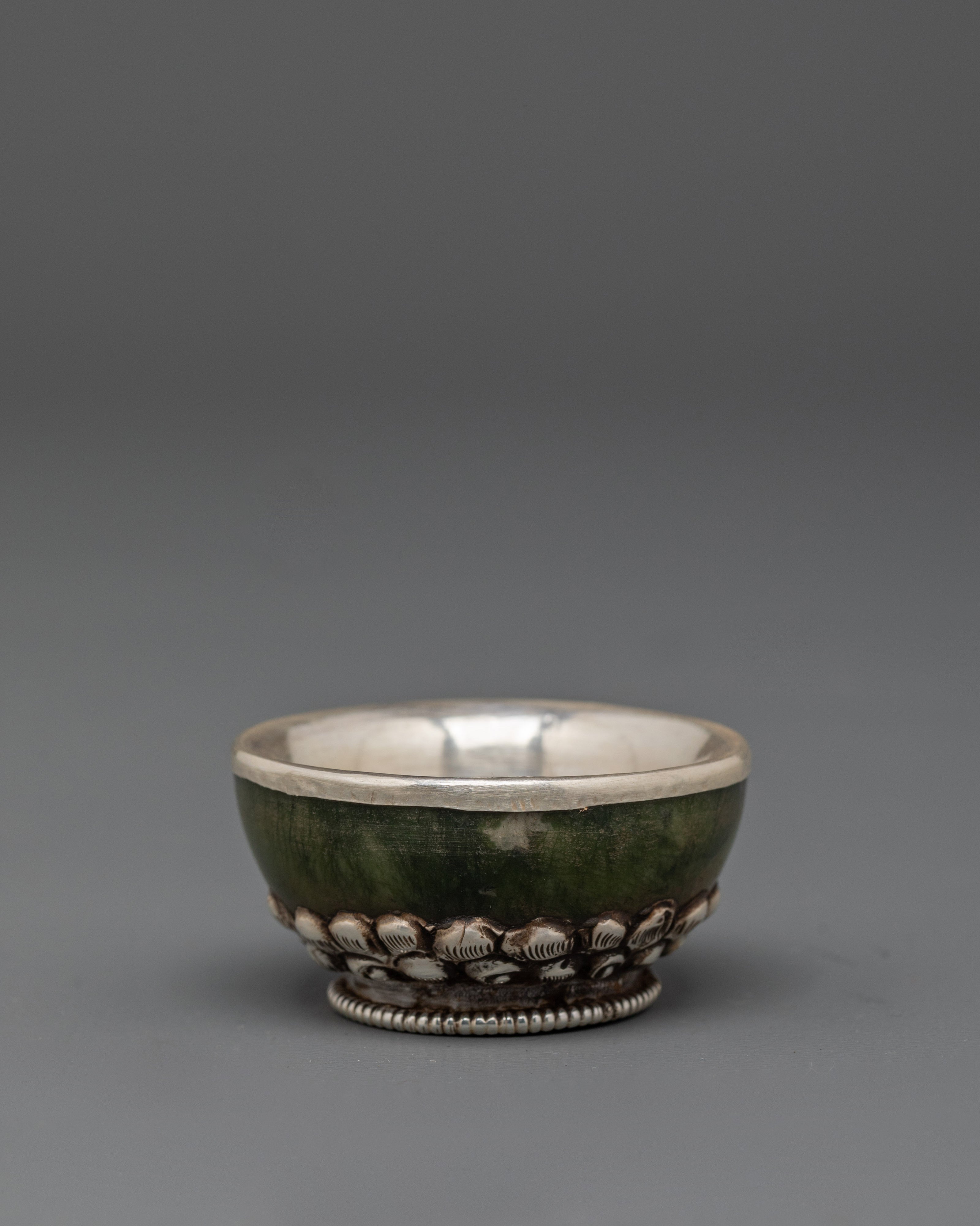 Handcrafted Tibetan Teapot & Offering Bowl Set | Green Jade & Silver Tea Set