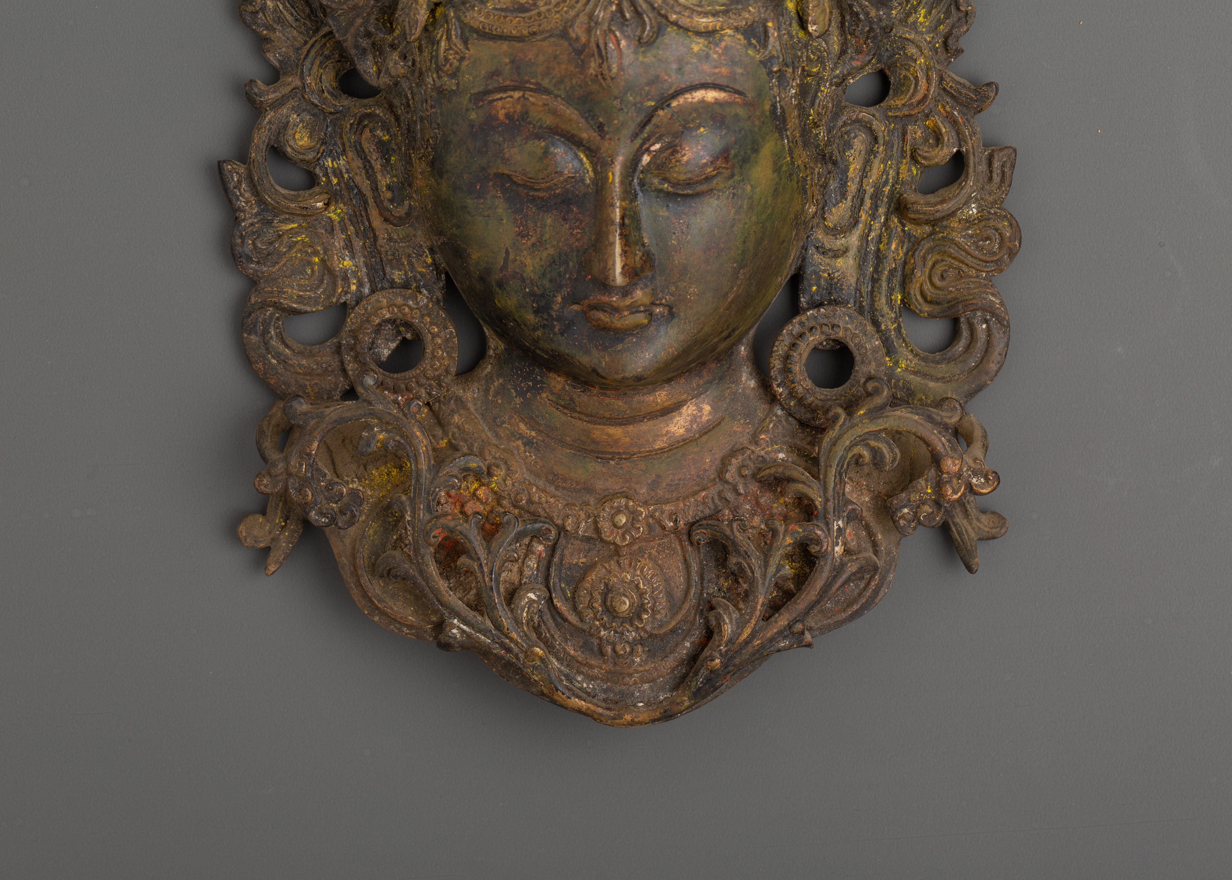 Green Tara Brass Wall Hanging | Sacred Face Mask for Altar or Home