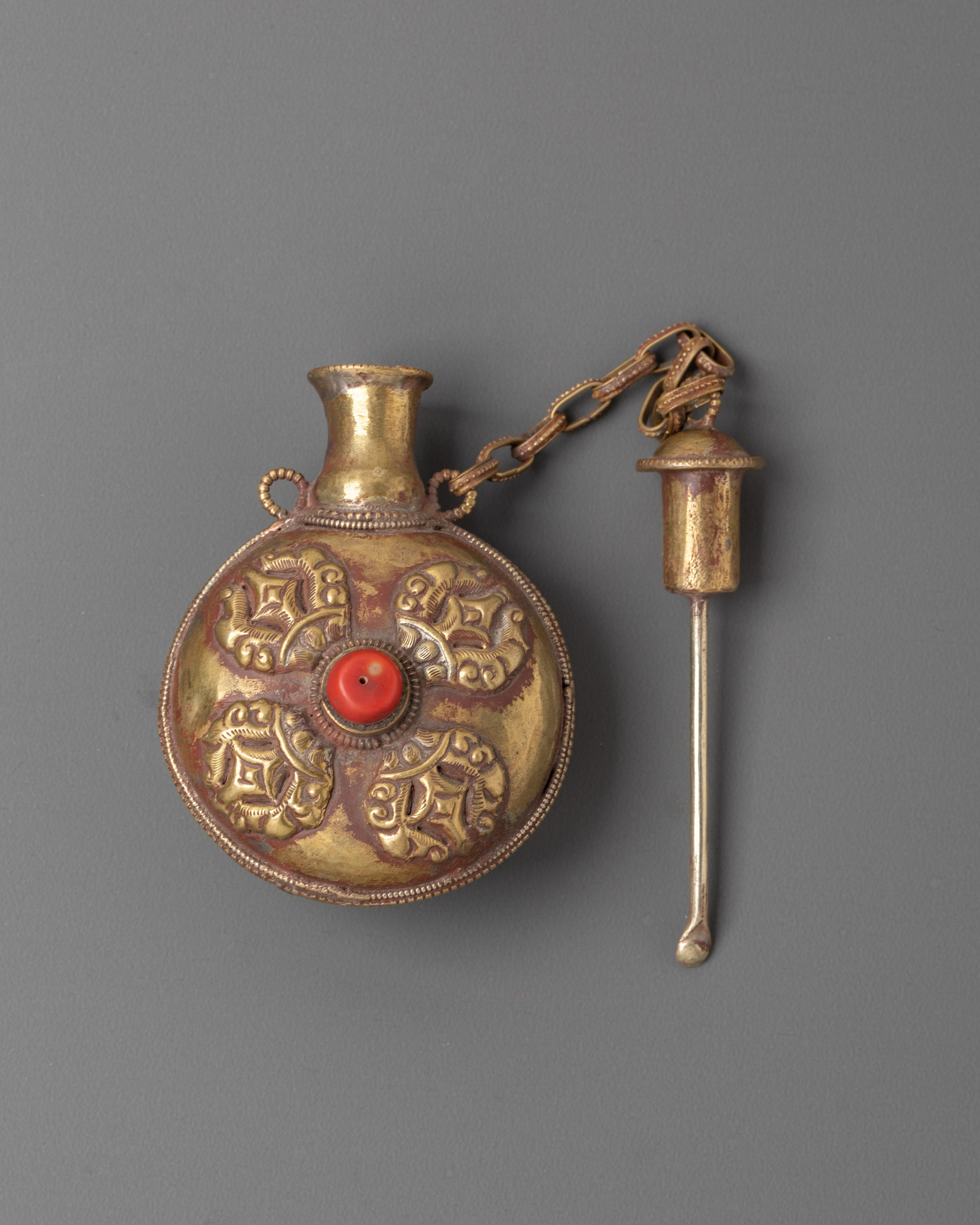 Himalayan Ritual Snuff Container | Brass Copper Snuff Bottle with Coral Inlay