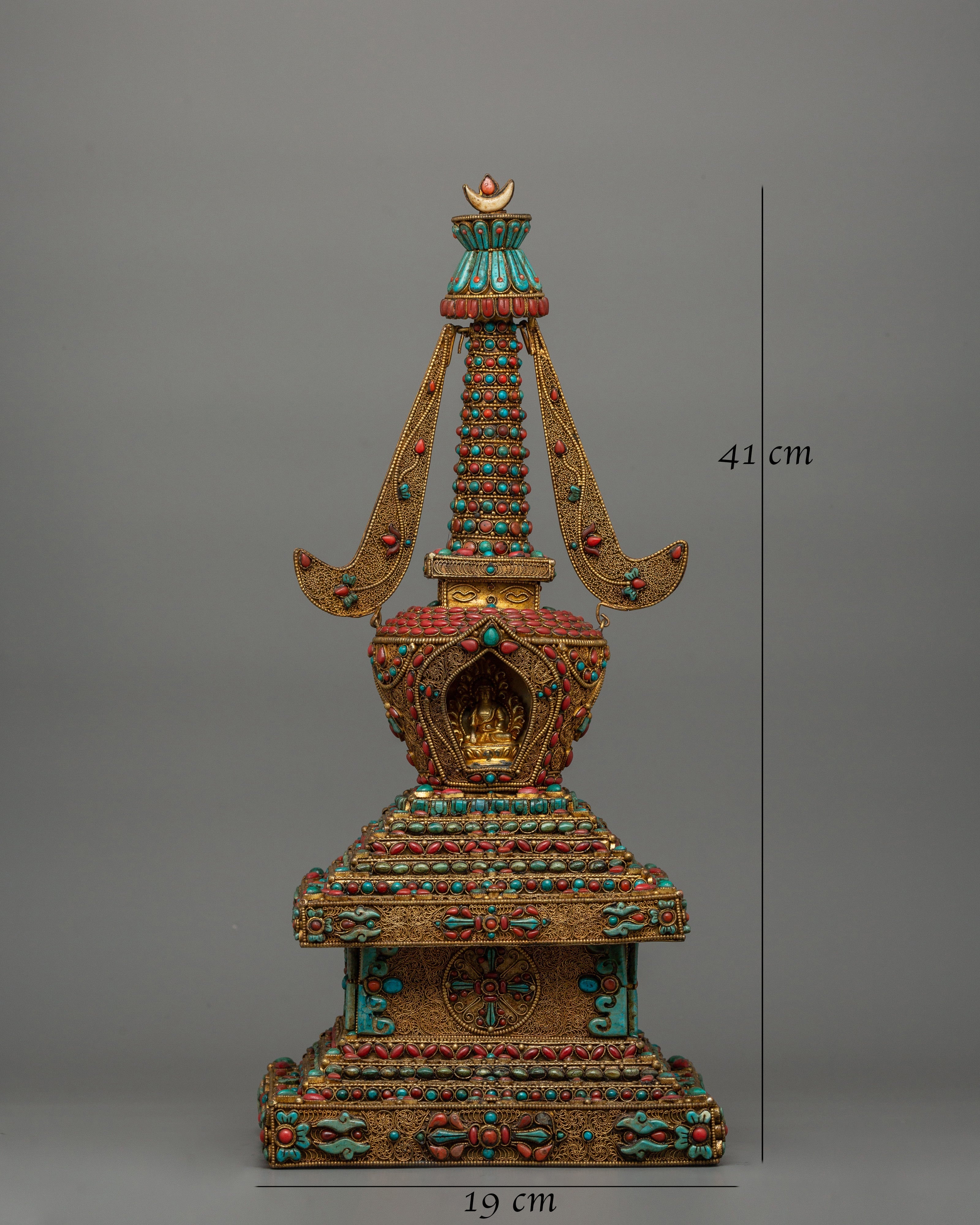 Decorative Stupa with Buddha Figure | Copper Stupa with Gold Plating