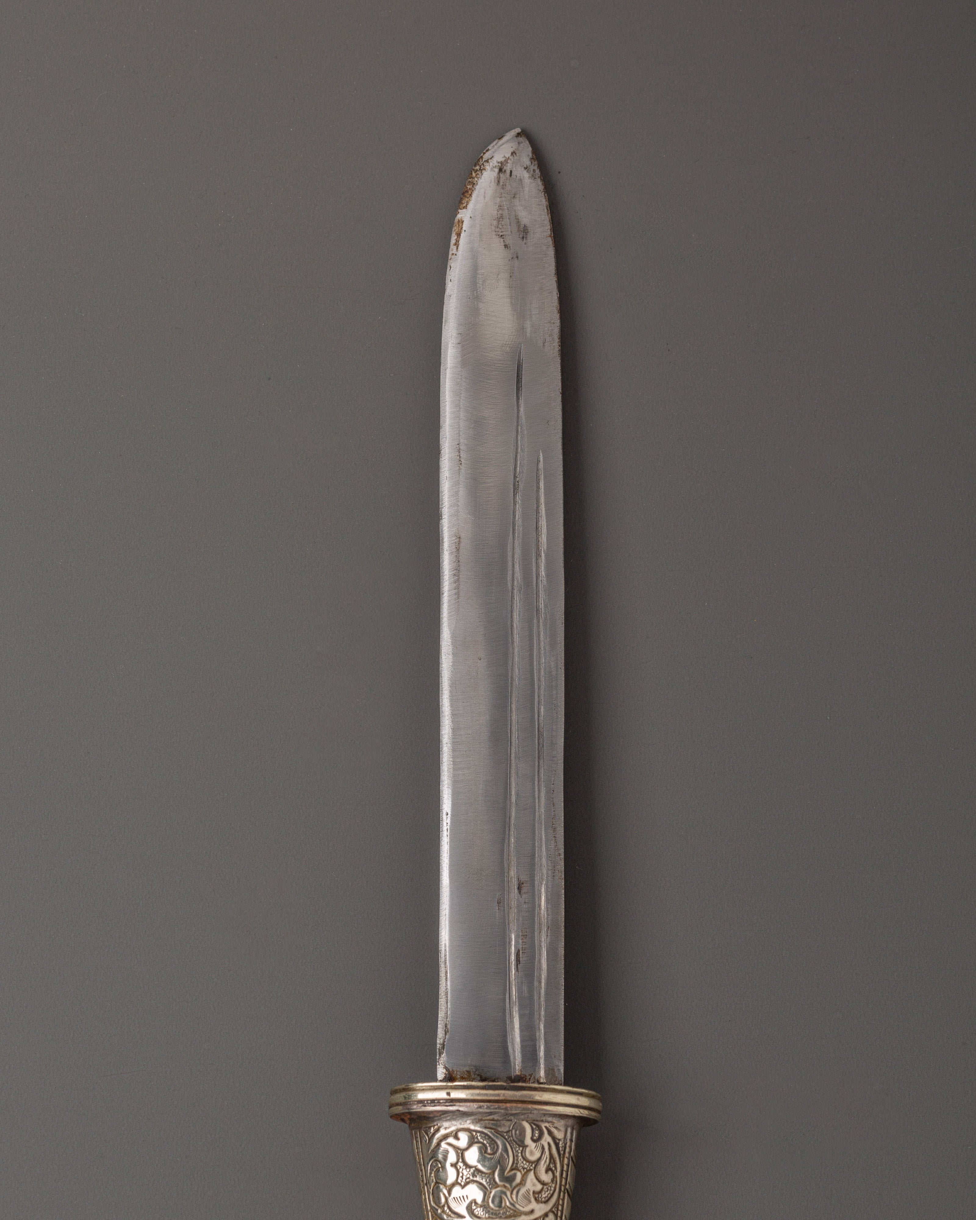 Tibetan Sword with White Metal | Ritual Item with Turquoise and Coral Gems