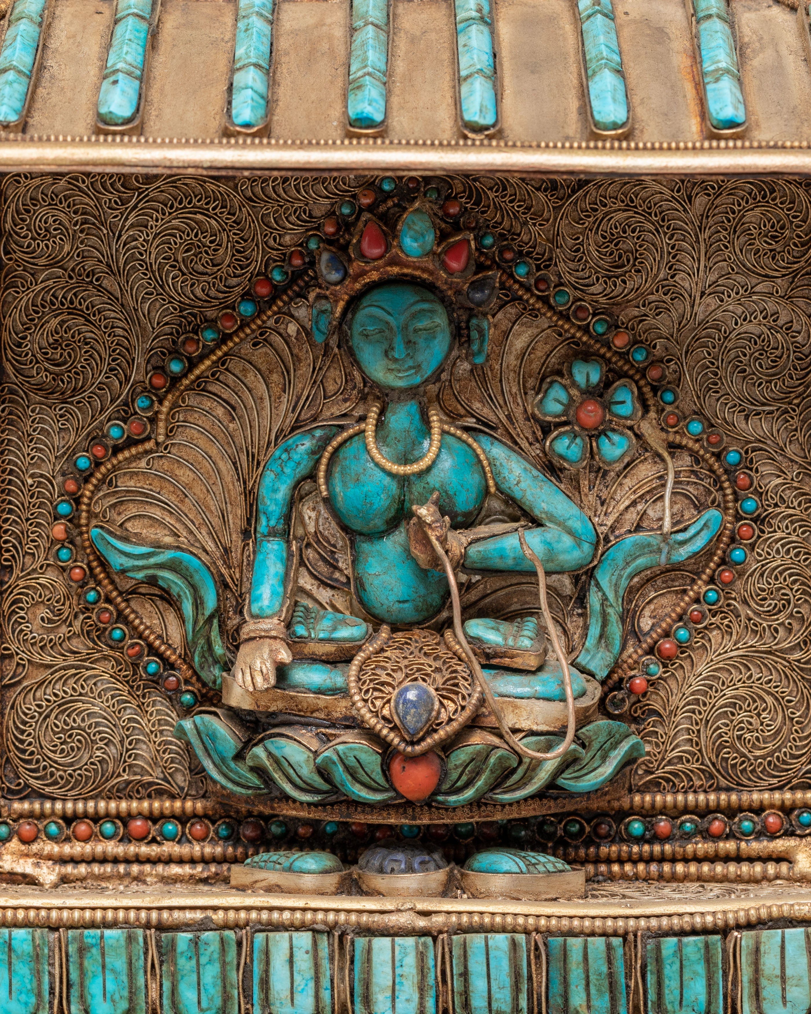 Tibetan Stupa with Deities and Turquoise Inlays | Copper & Semi-Precious Stones