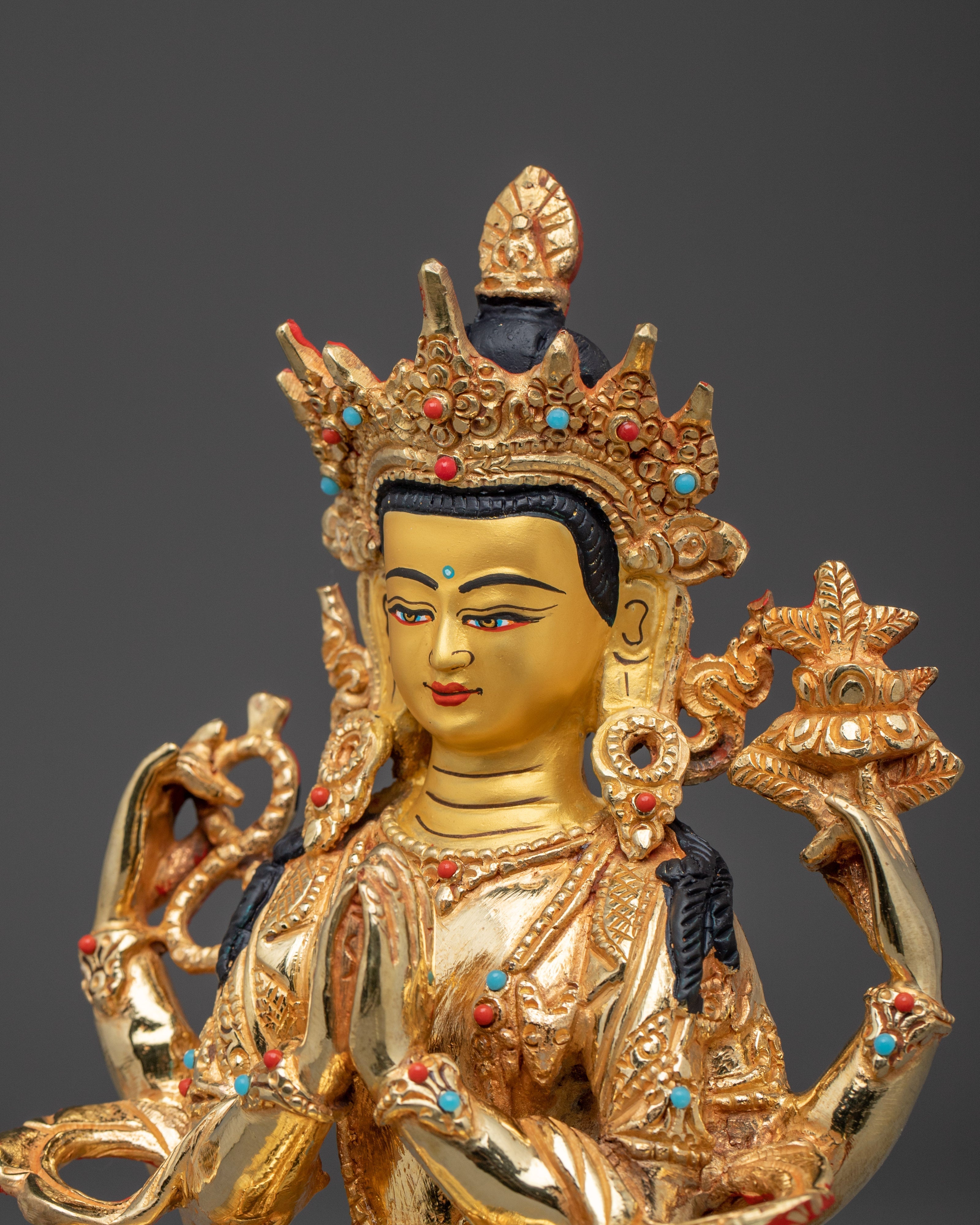 Four Armed Chenrezig Art with Copper Body | Tibetan Buddha of Compassion
