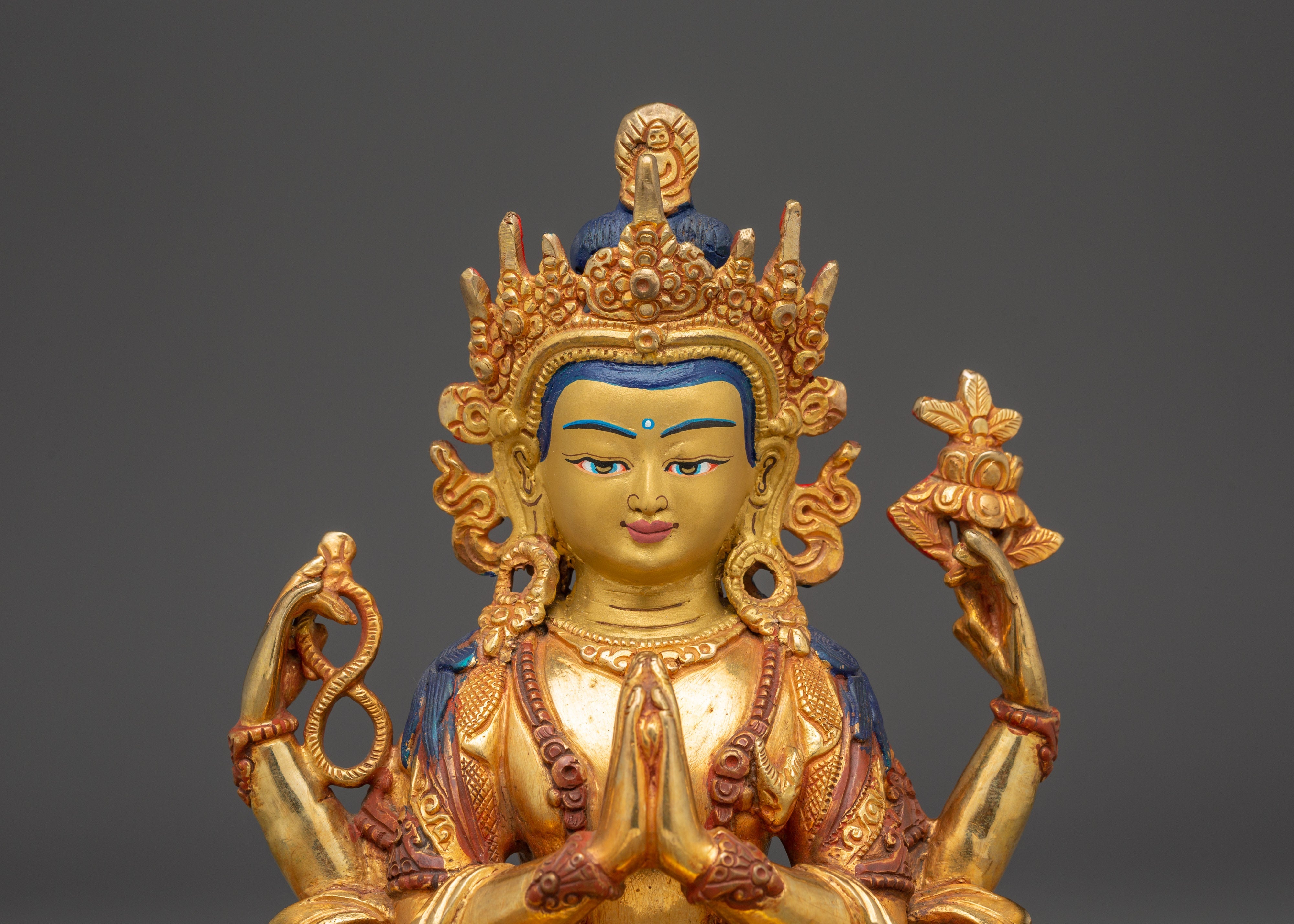 Sacred Statue of Bodhisattva Chenrezig | Copper & Gold Gilded with Acrylic Color