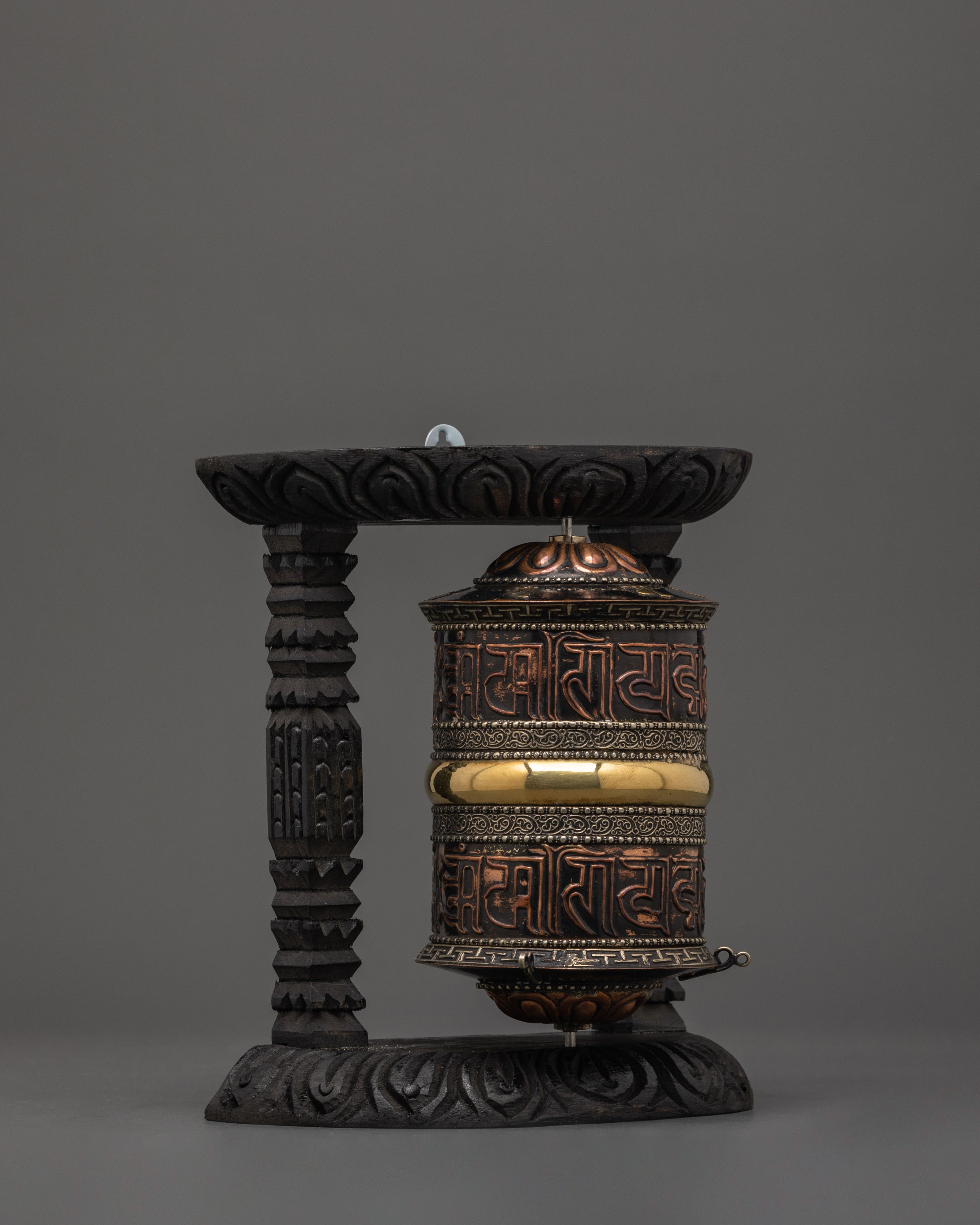 Sacred Wooden Framed Prayer Wheel | Copper and Brass Tibetan Mantra Wheel