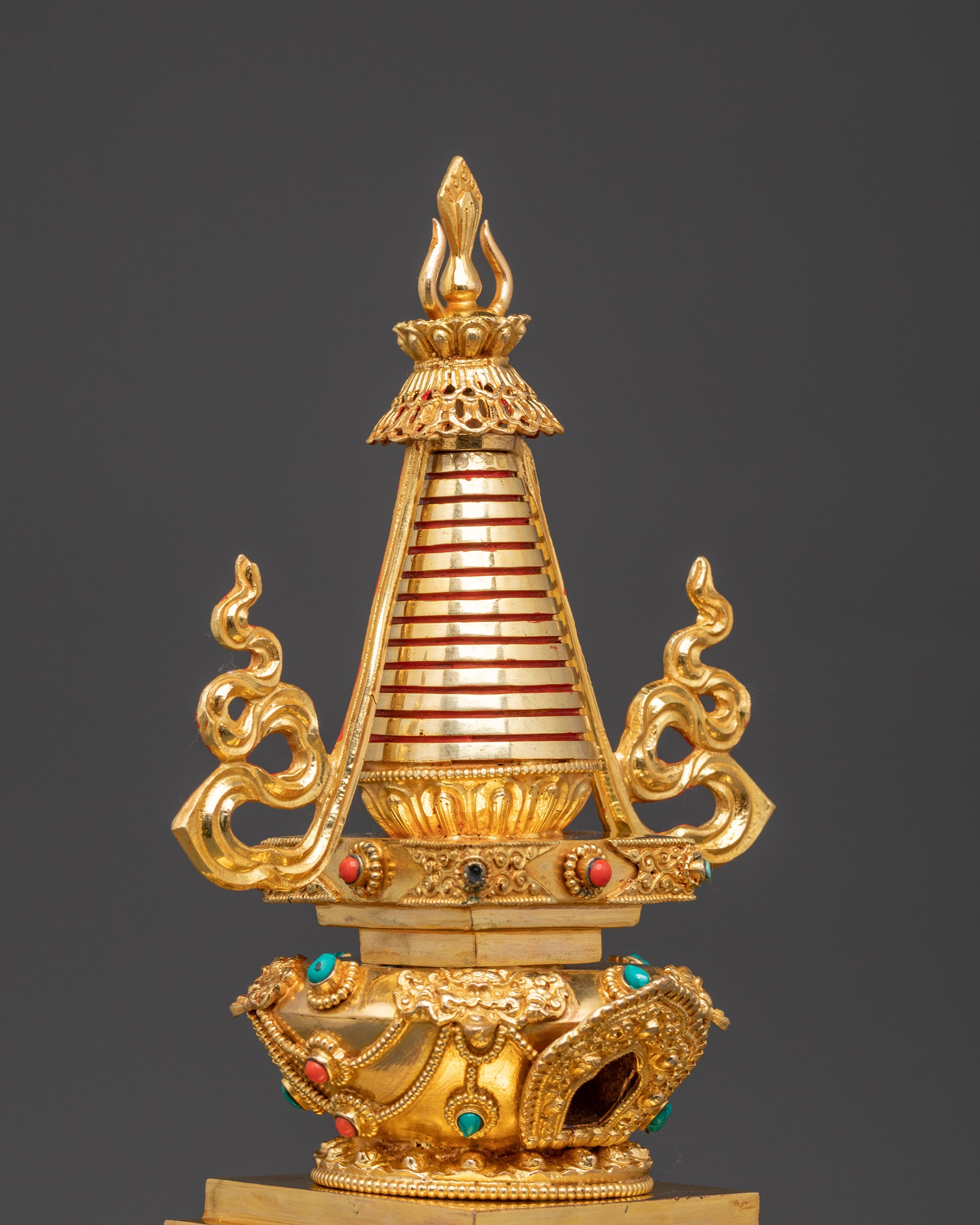 Gold Plated Buddhist Stupa for Rituals | Tibetan Copper Shrine