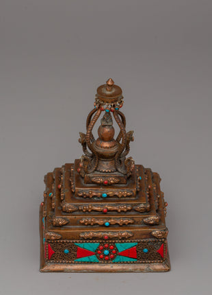 Authentic Buddhist Stupa in Oxidized Copper | Sacred Sculpture for Peace and Harmony