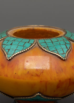 Amber Rice Pot Buddhist Altar Decor | Turquoise & Lapis Inlaid Ritual Rice Pot