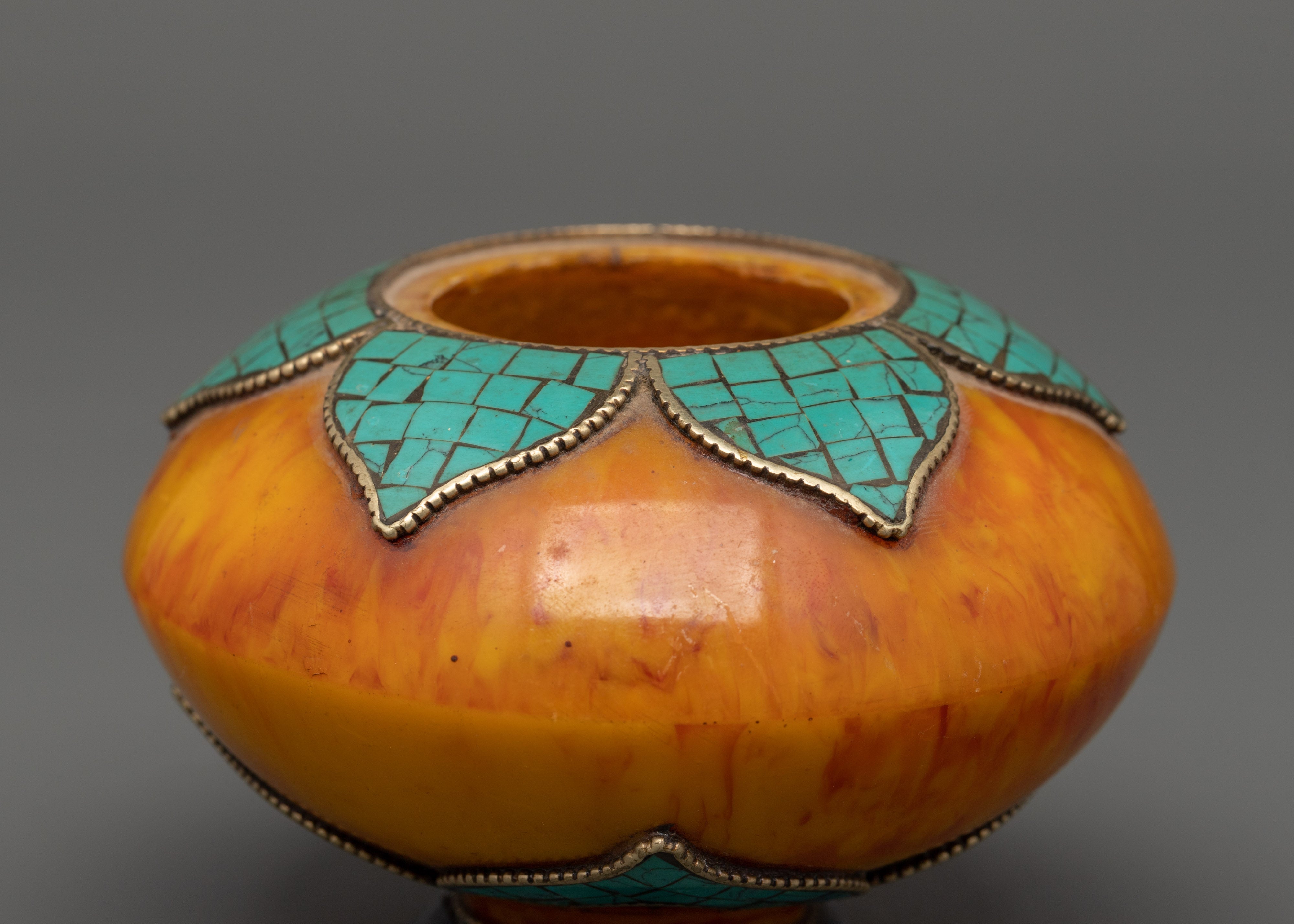 Amber Rice Pot Buddhist Altar Decor | Turquoise & Lapis Inlaid Ritual Rice Pot