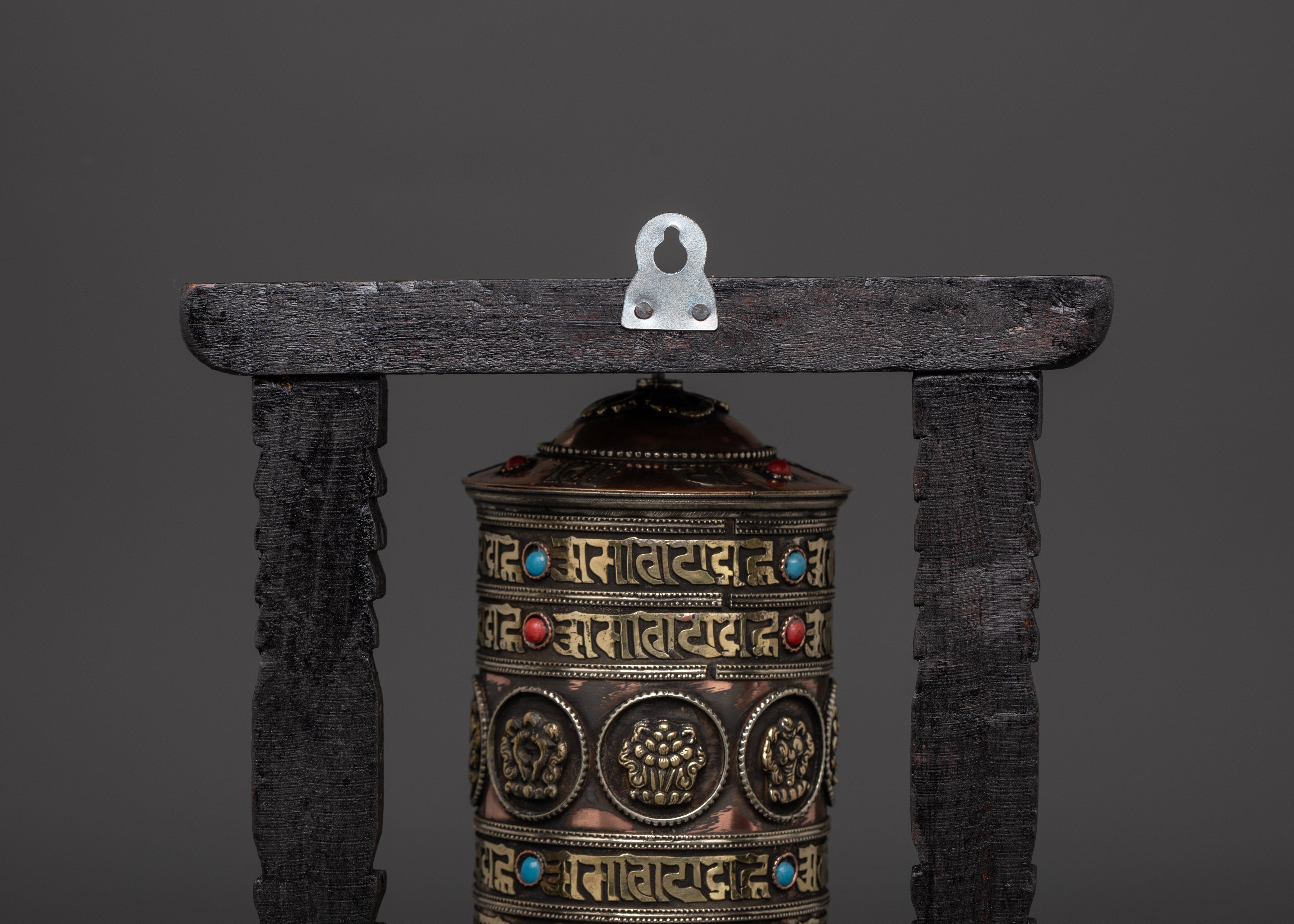 Prayer Wheel Featuring Buddhist Auspicious Symbols | Handcarved Wooden Frame