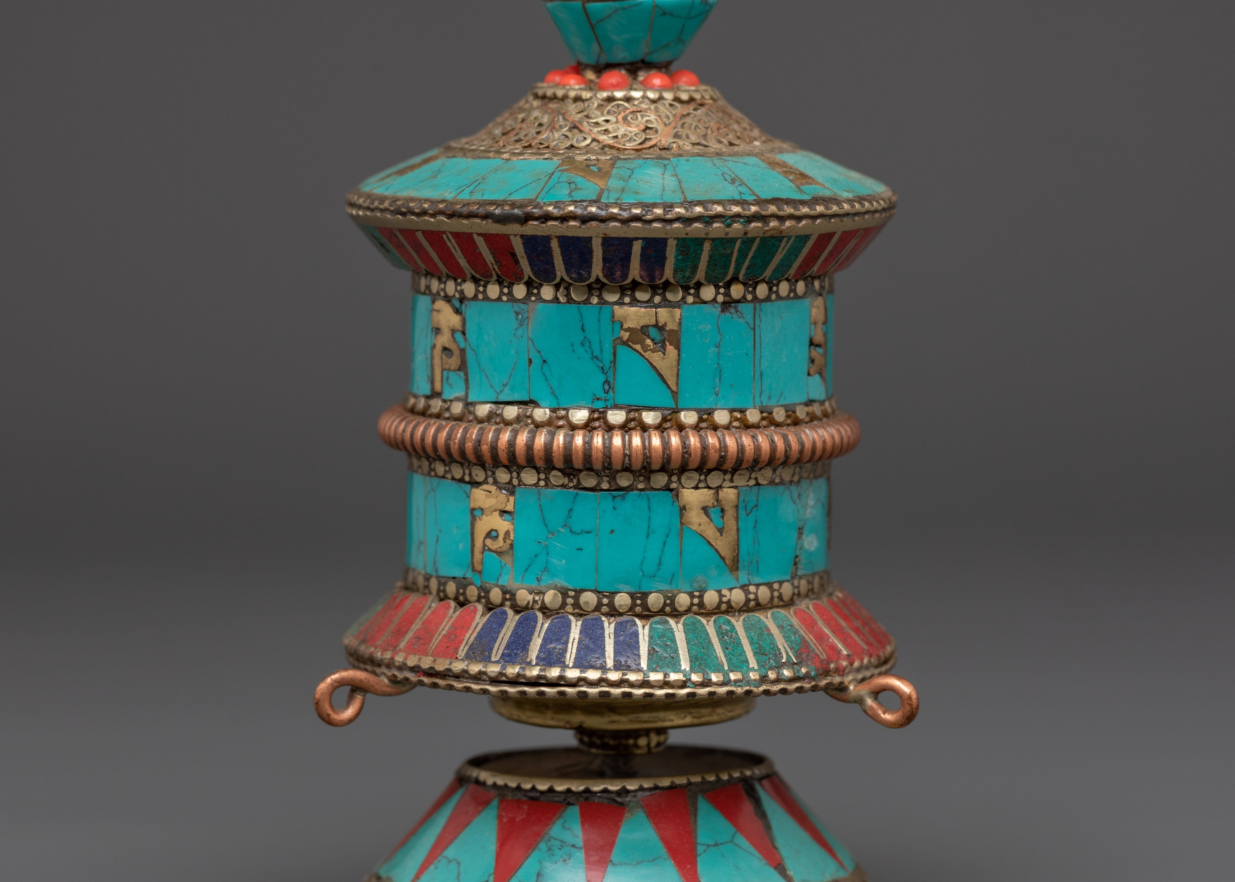 Handmade Turquoise Stone Mantra Prayer Wheel | Brass Coral Buddhist Wheel