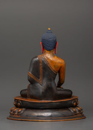Shakyamuni Buddha Tibetan Altar Decor Statue | Oxidized Copper Body with Gold Plating