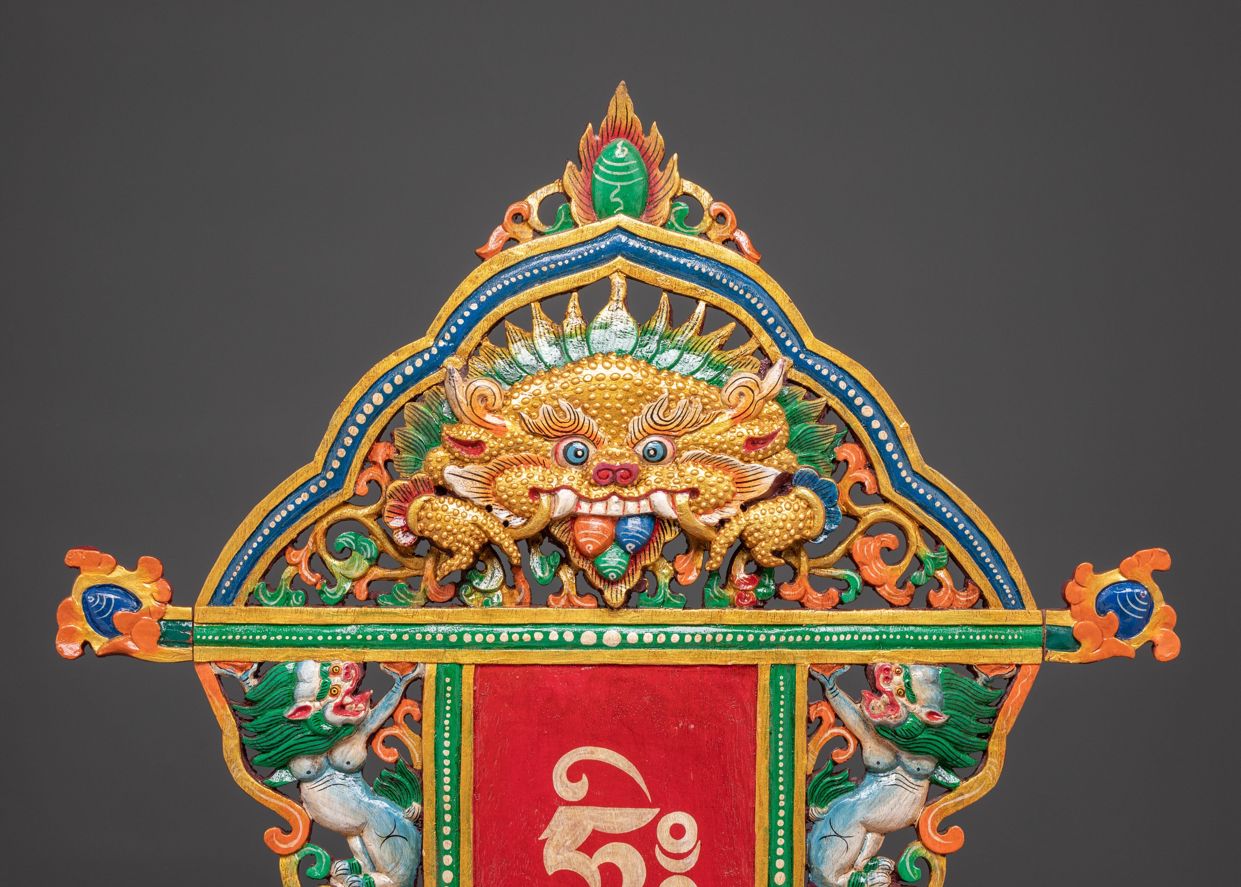 Spiritual Altar Throne with Tibetan Script | Handcrafted Buddhist Wooden Shrine