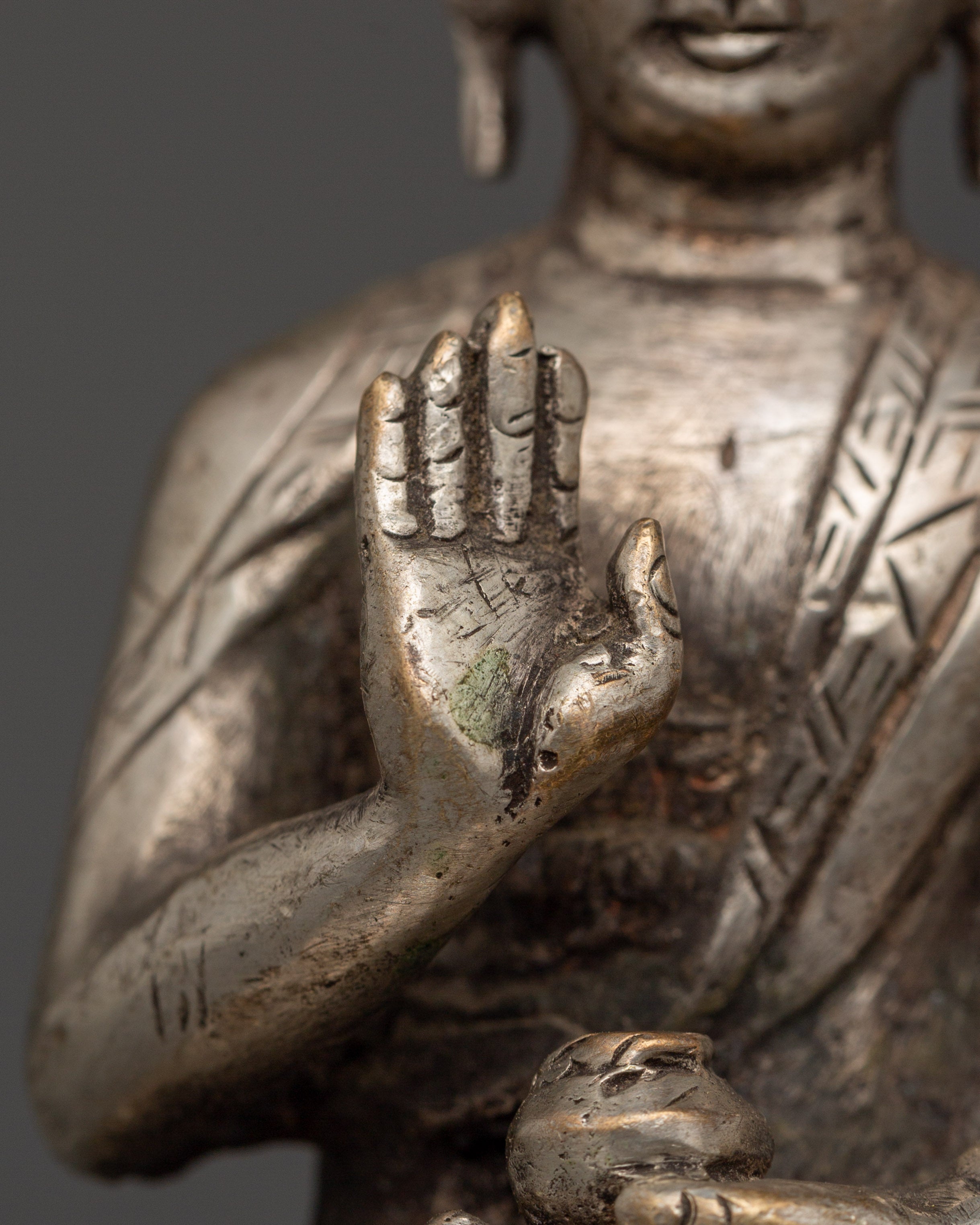 Handmade Amoghasiddhi Buddha Statue | Silver-Plated Copper Body