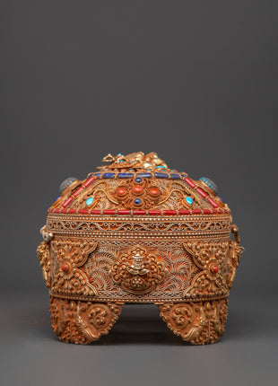 Gold-Plated Copper Tibetan Treasure Box | Coral & Turquoise Stones Inlaid Handcrafted Box
