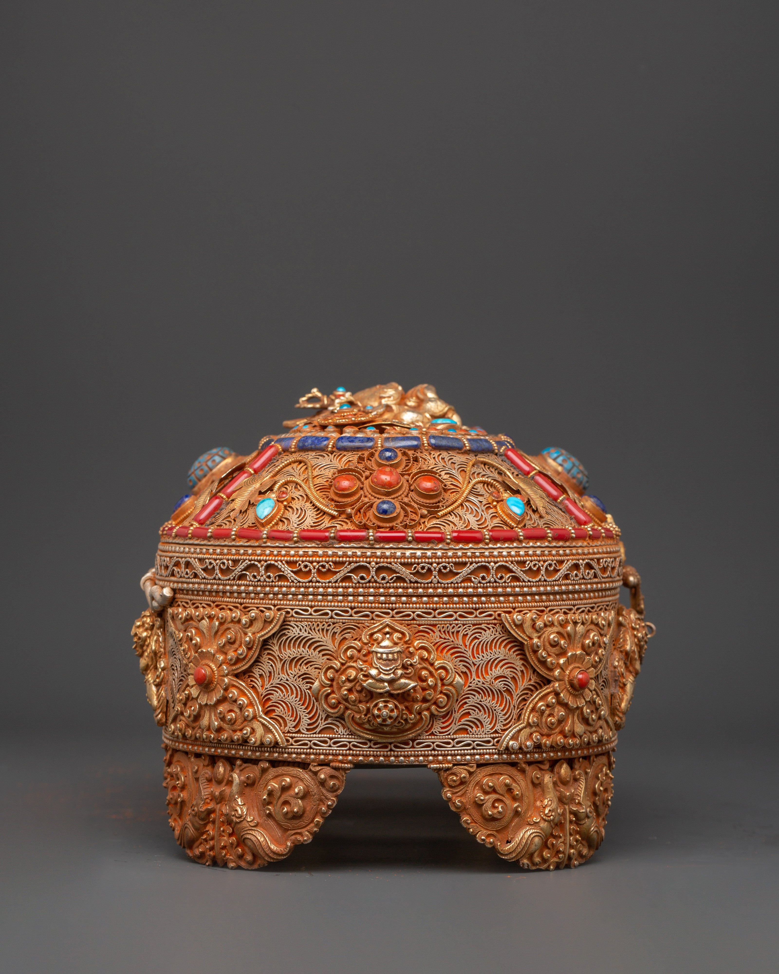 Gold-Plated Copper Tibetan Treasure Box | Coral & Turquoise Stones Inlaid Handcrafted Box