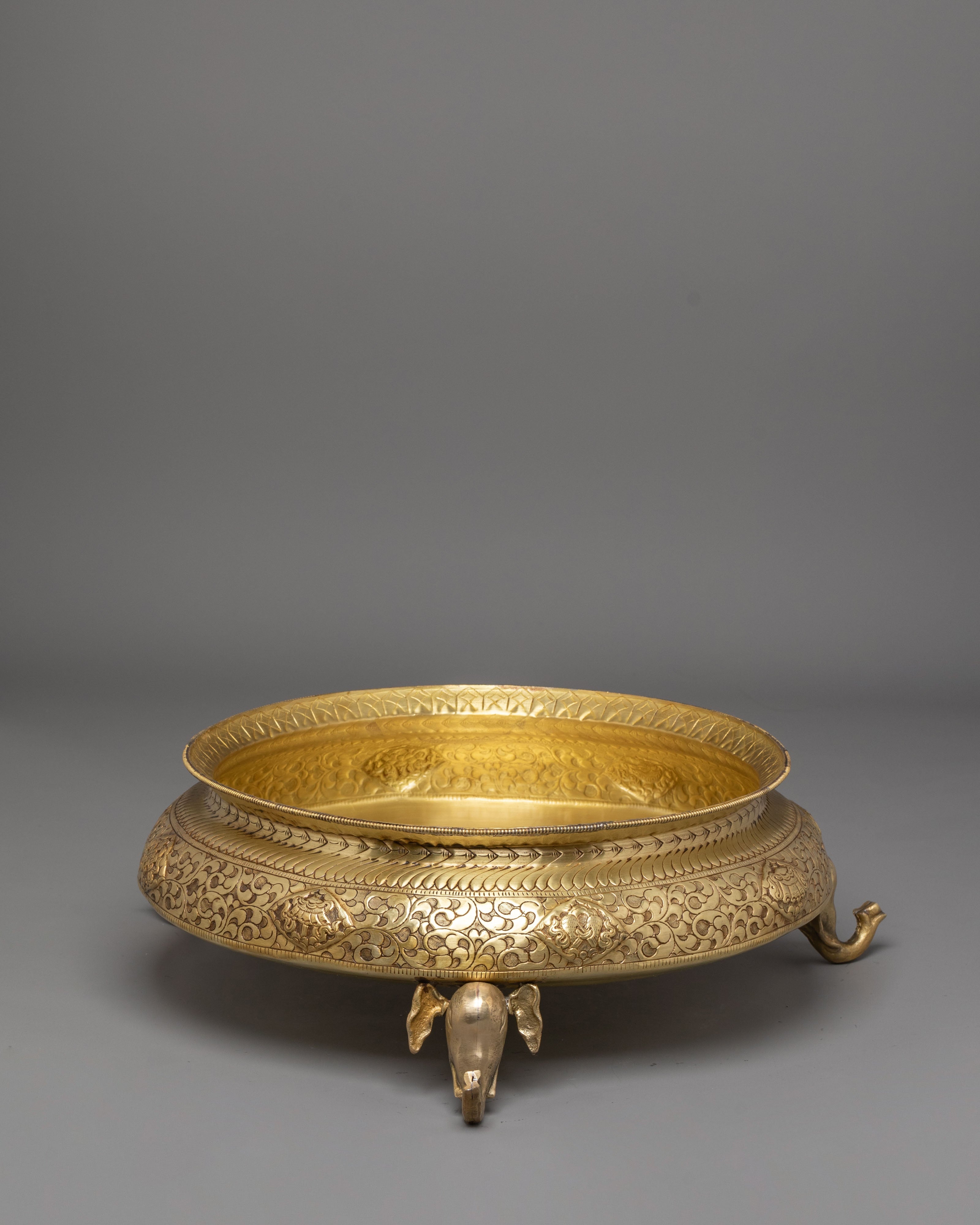 Decorative Offering Urli Bowl | Sacred Vishva Vajra Design with Elephant Trunk Stand
