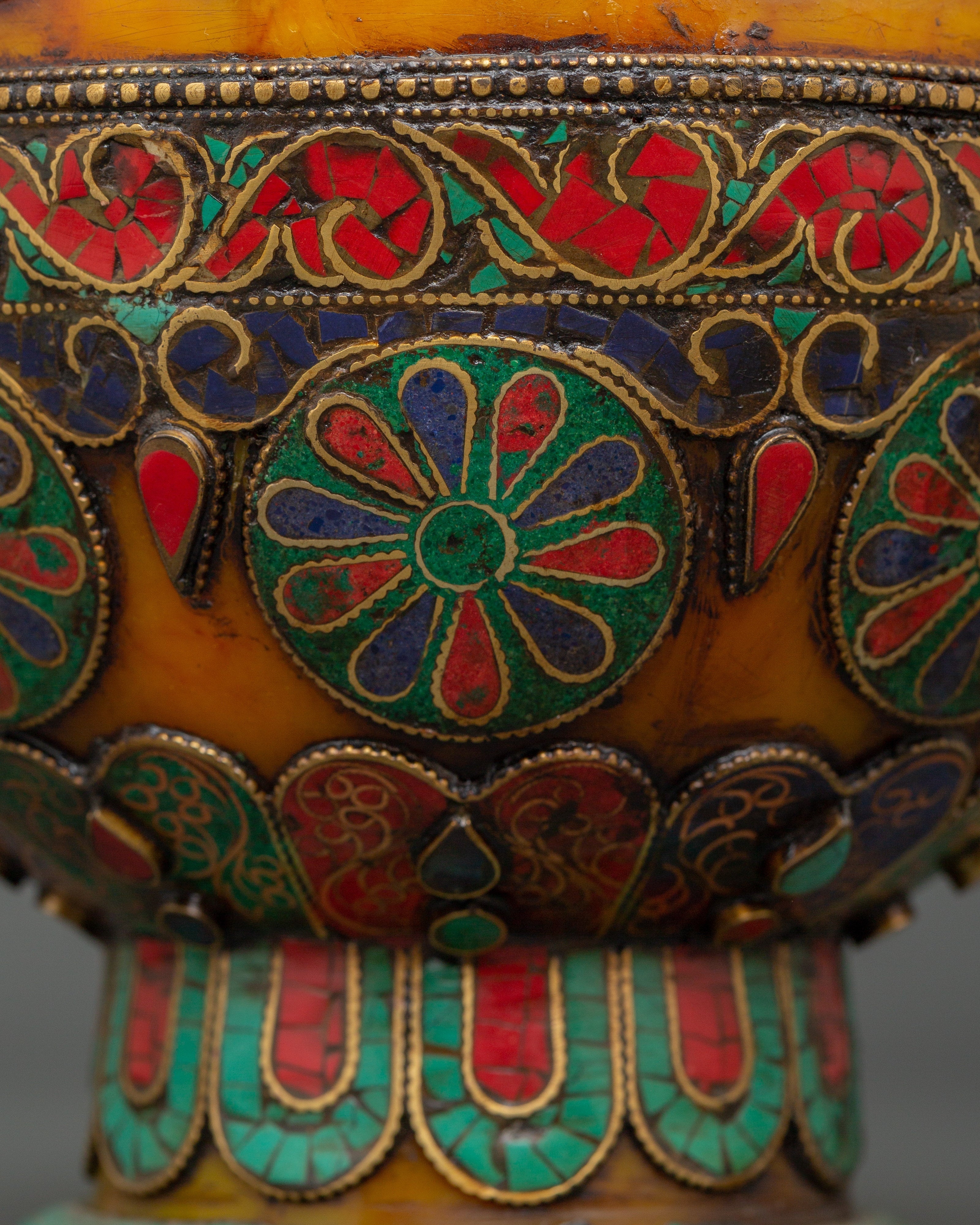 Traditional Himalayan Rice Pot | Handcrafted Brass & Amber Vessel with Turquoise Stone