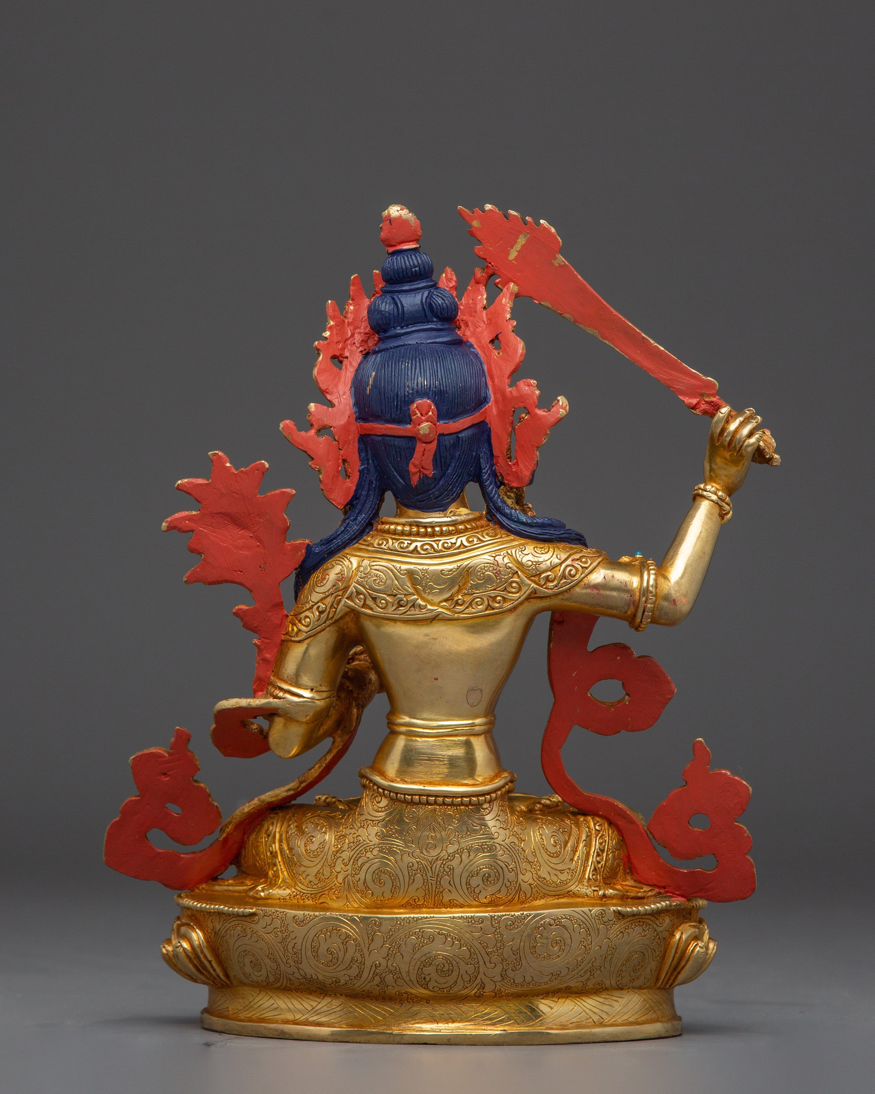 Tibetan Gold Gilded Manjushri Statue | Bodhisattva Deity with Gemstones and Copper Body