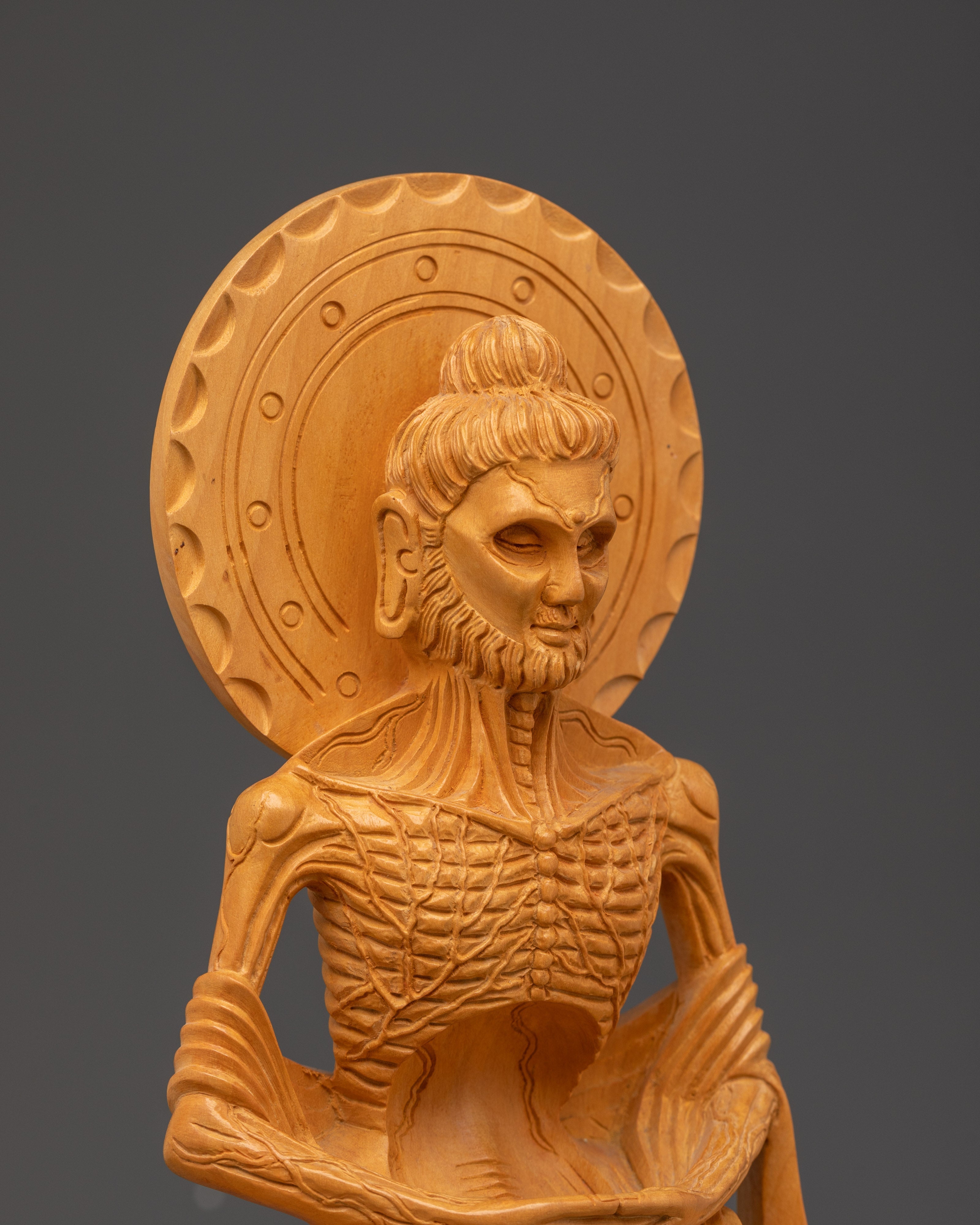 Handcarved Fasting Buddha Shakyamuni Statue | Wooden Ascetic Sculpture