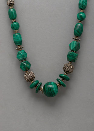Handcrafted Gemstone Necklace with White Metal Accents | Traditional Himalayan Design