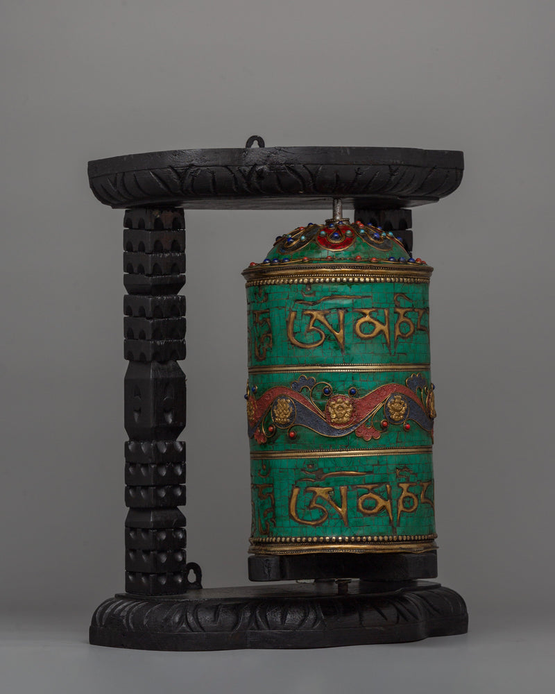 Wooden Frame Tibetan Prayer Wheel | Authentic Prayer Wheel with 8 Auspicious Symbols