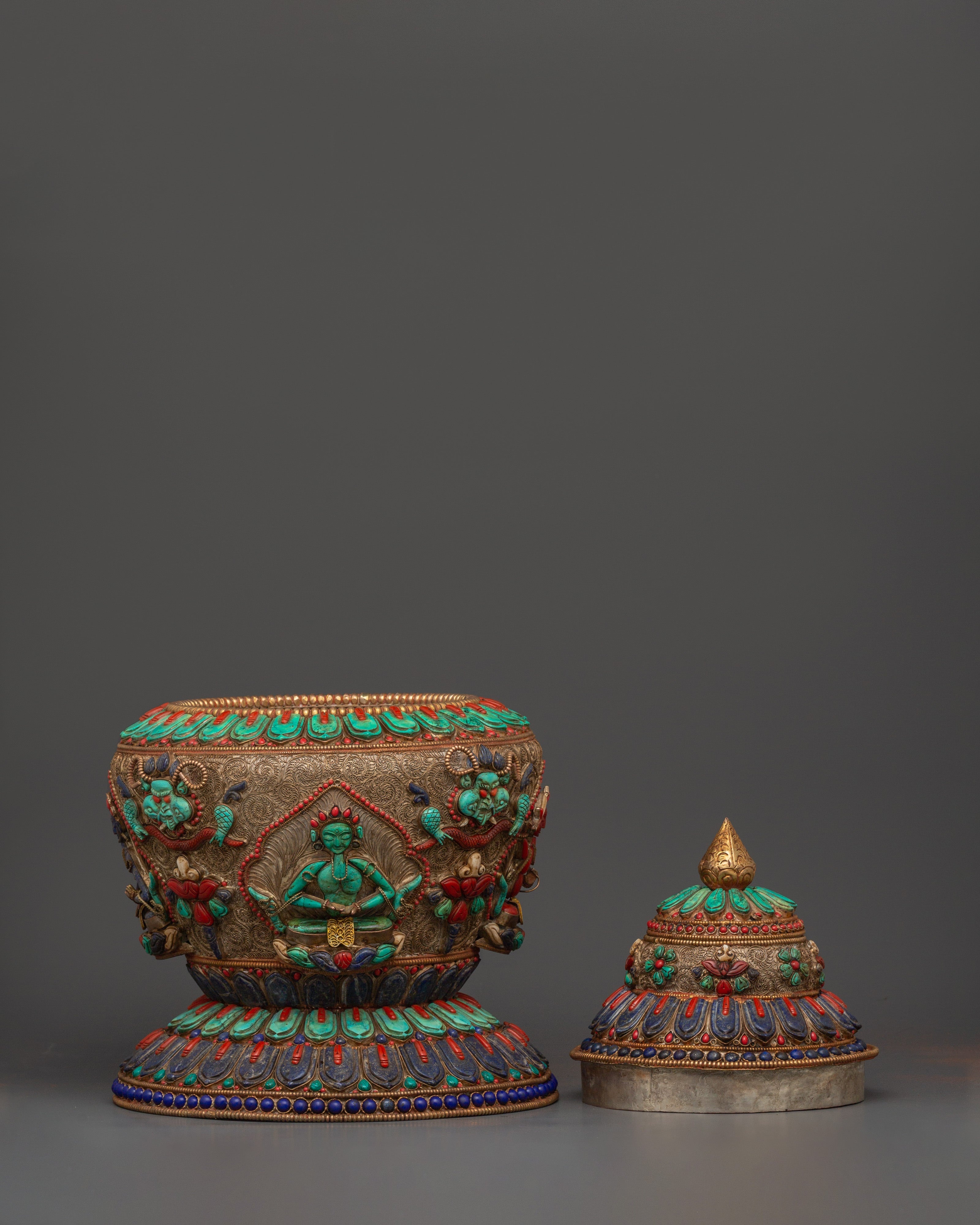 Tibetan Ritual Rice Pot with Coral | Buddhist Ritual and Altar Use