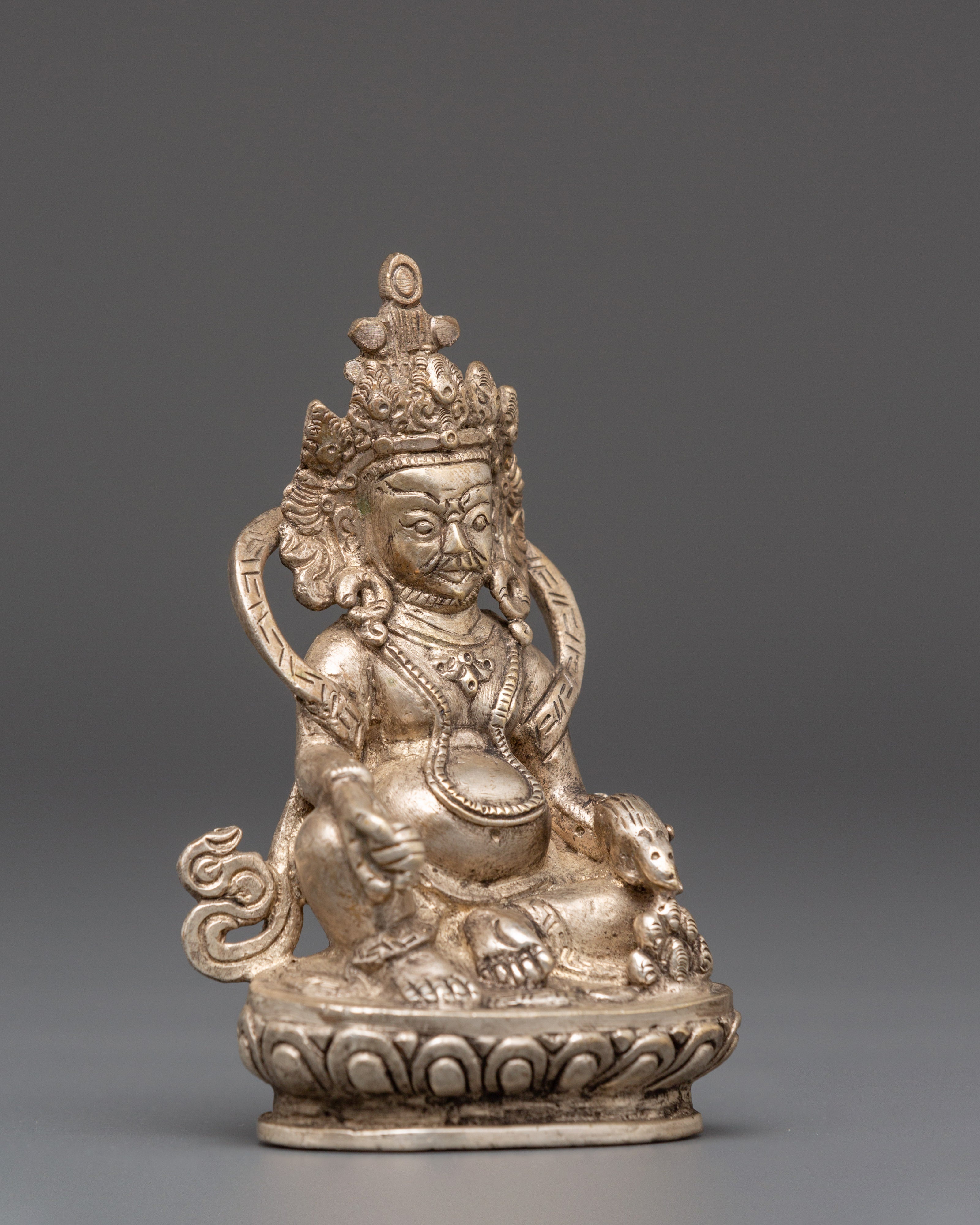 Sacred Statue of Wealth Icon Dzambhala | Silver Plated Copper Buddhist God of Prosperity