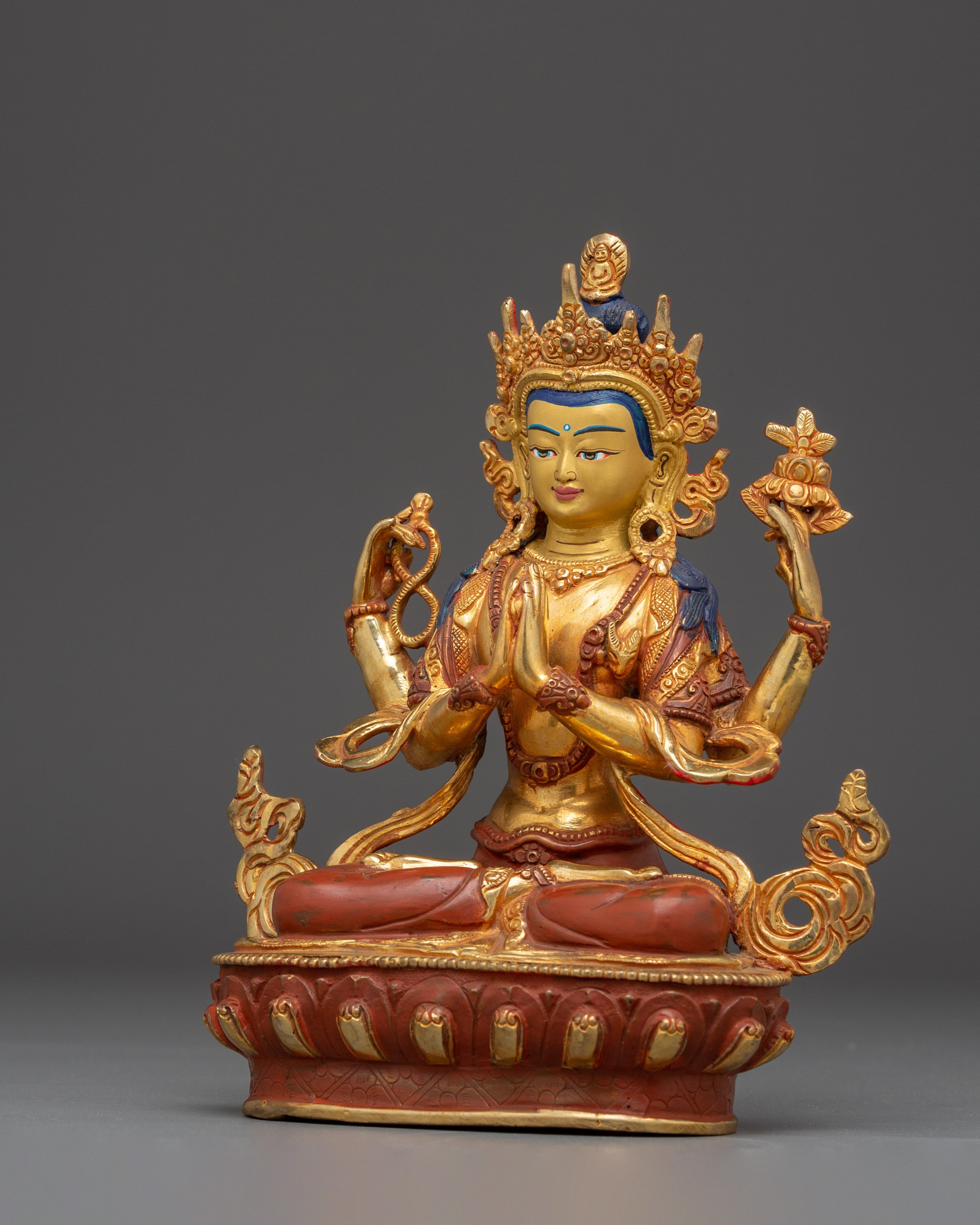 Sacred Statue of Bodhisattva Chenrezig | Copper & Gold Gilded with Acrylic Color