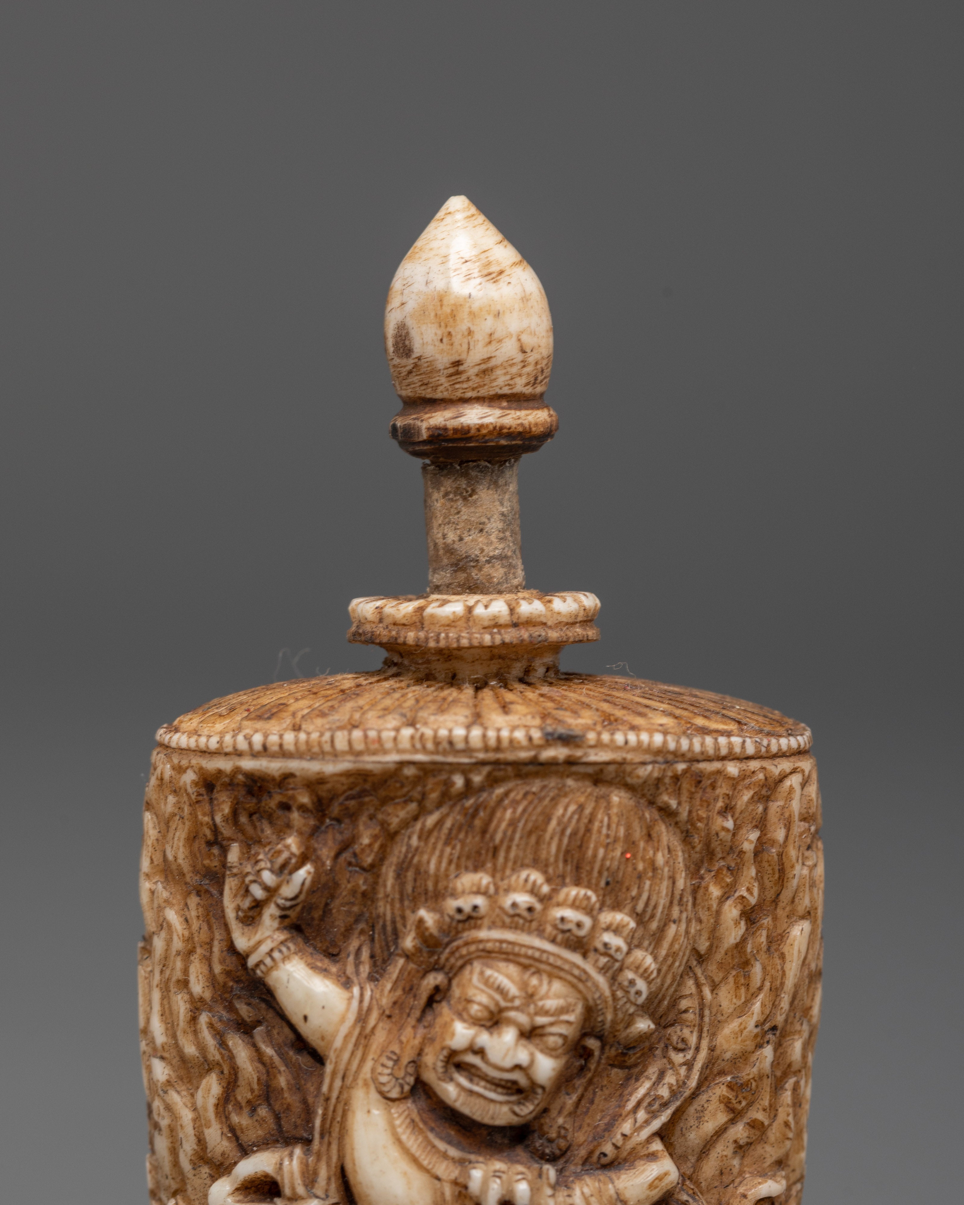 Hand-Carved Tibetan Guardian Deity Snuff Pot | Tibetan Buddhist Ritual Object