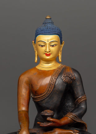 Shakyamuni Buddha Tibetan Altar Decor Statue | Oxidized Copper Body with Gold Plating