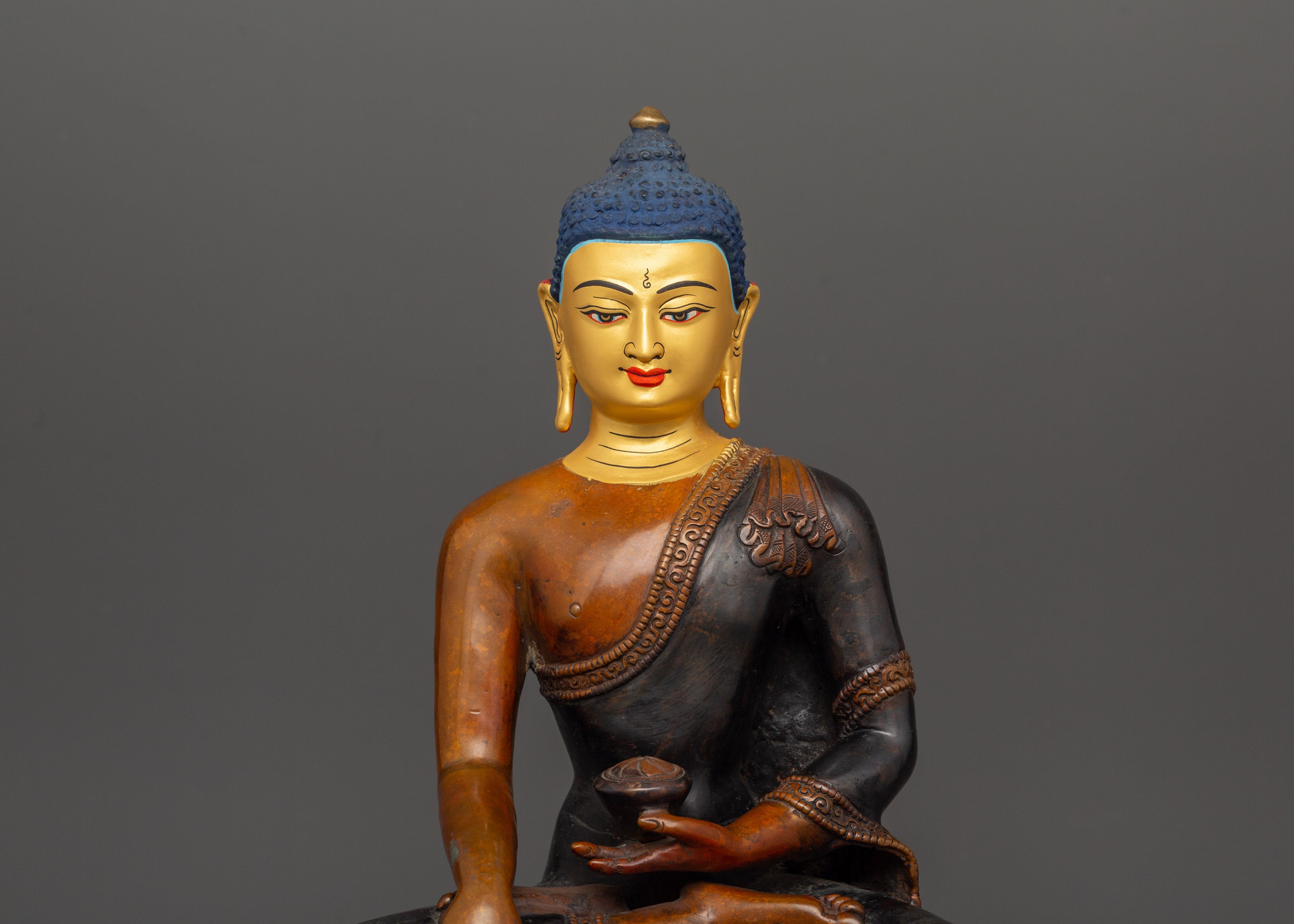 Shakyamuni Buddha Tibetan Altar Decor Statue | Oxidized Copper Body with Gold Plating