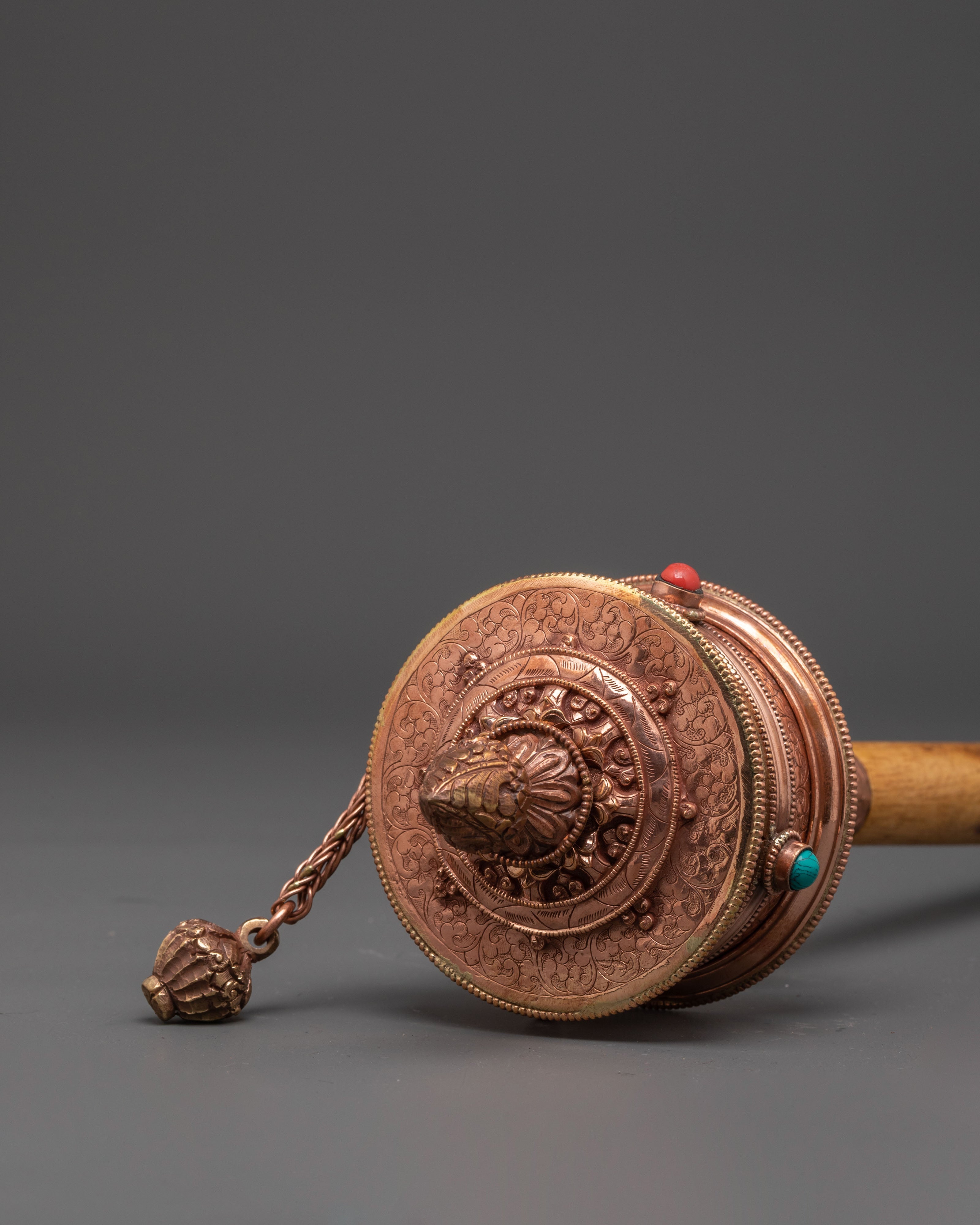 Tibetan Traditional Prayer Wheel with Turquoise & Coral Inlays