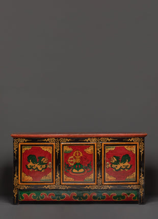 Hand-Carved Tibetan Wooden Cabinet with Door | Sacred Symbols and Artisan Detailing