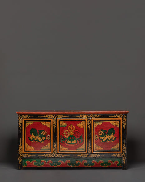 Hand-Carved Tibetan Wooden Cabinet with Door | Sacred Symbols and Artisan Detailing