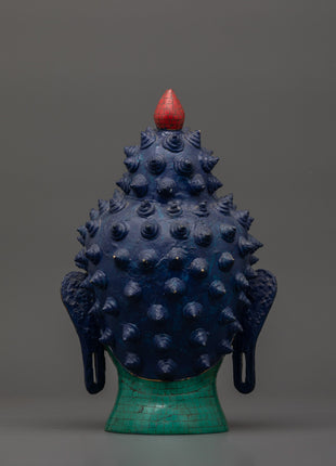 Large Brass Buddha Head Statue | Turquoise & Coral Inlay
