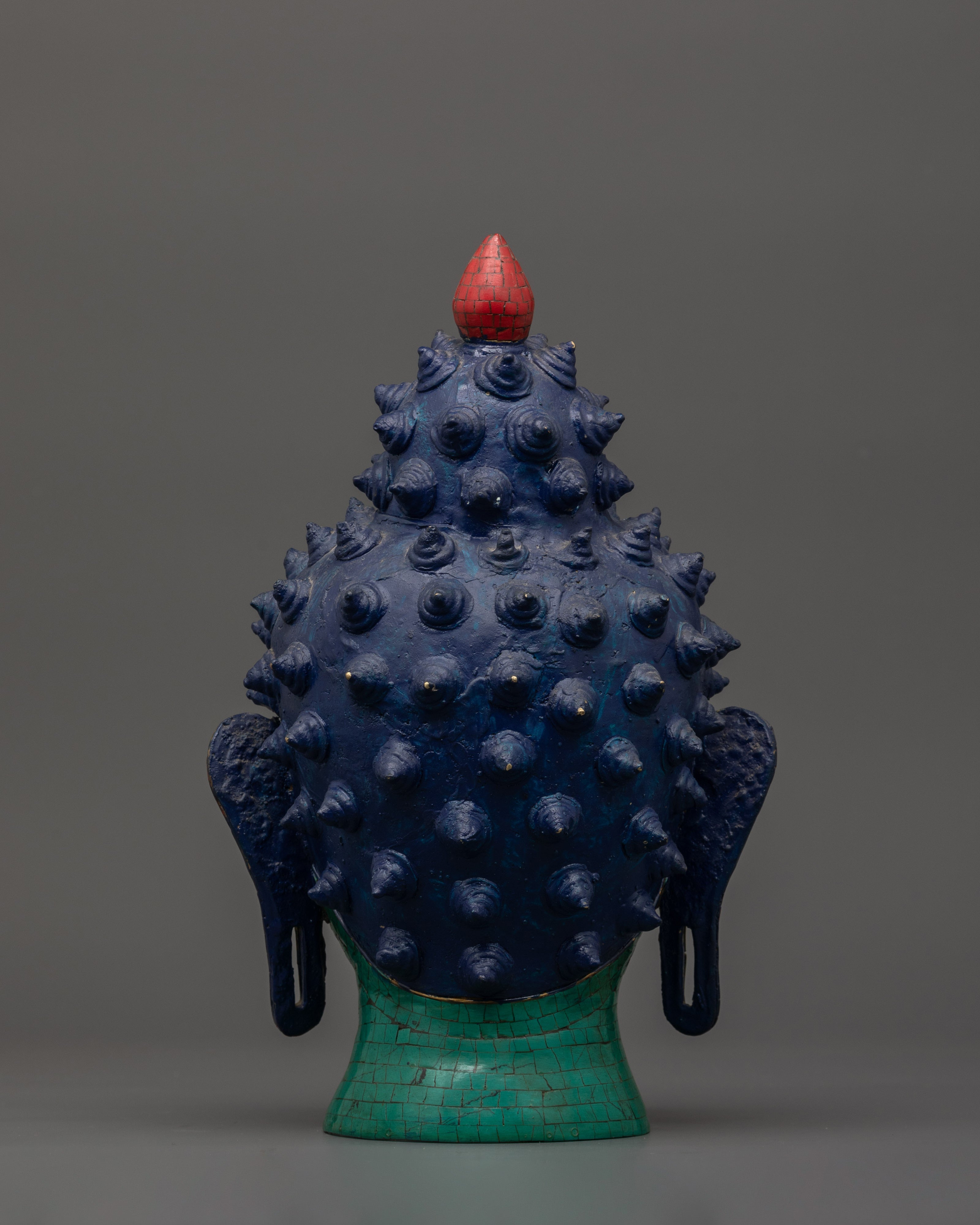 Large Brass Buddha Head Statue | Turquoise & Coral Inlay