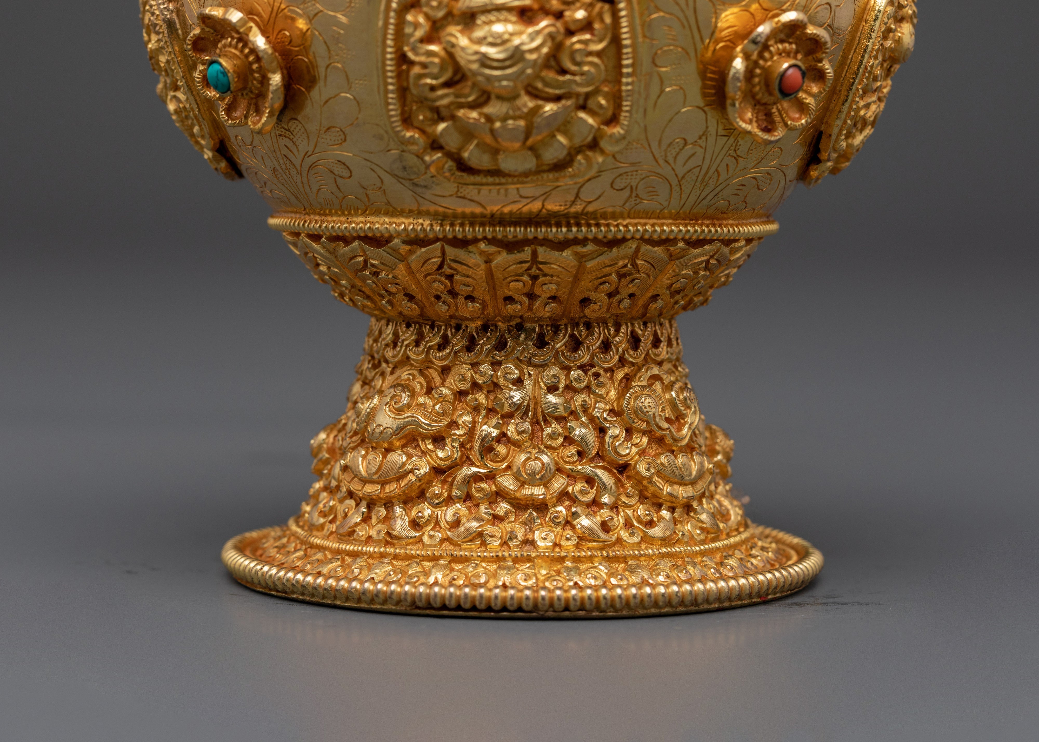 Handcrafted Copper Vase | Tibetan Vase with Coral & Turquoise for Altar