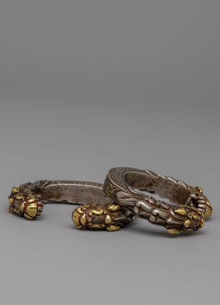 Exquisite Newari Dragon-Head Bracelet | Vintage Silver Bracelet with Gold Accents