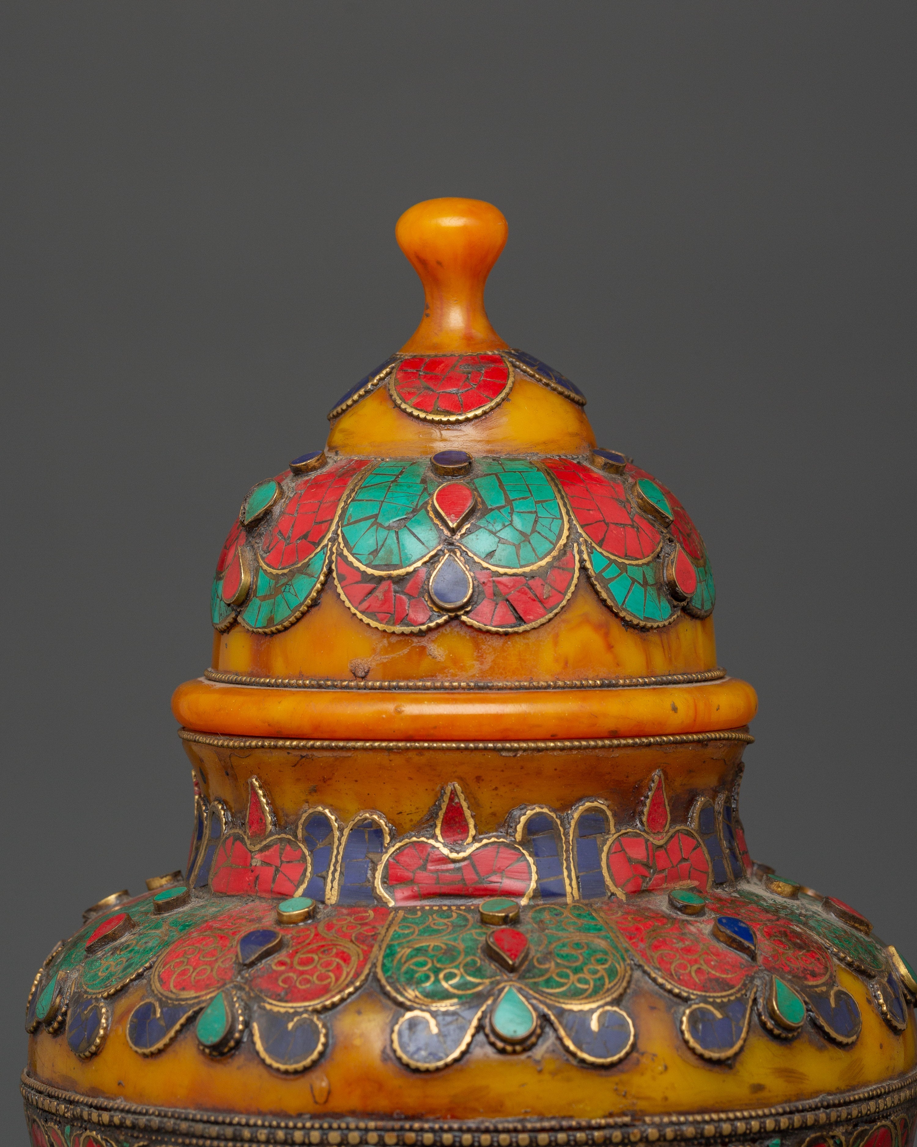 Traditional Himalayan Rice Pot | Handcrafted Brass & Amber Vessel with Turquoise Stone