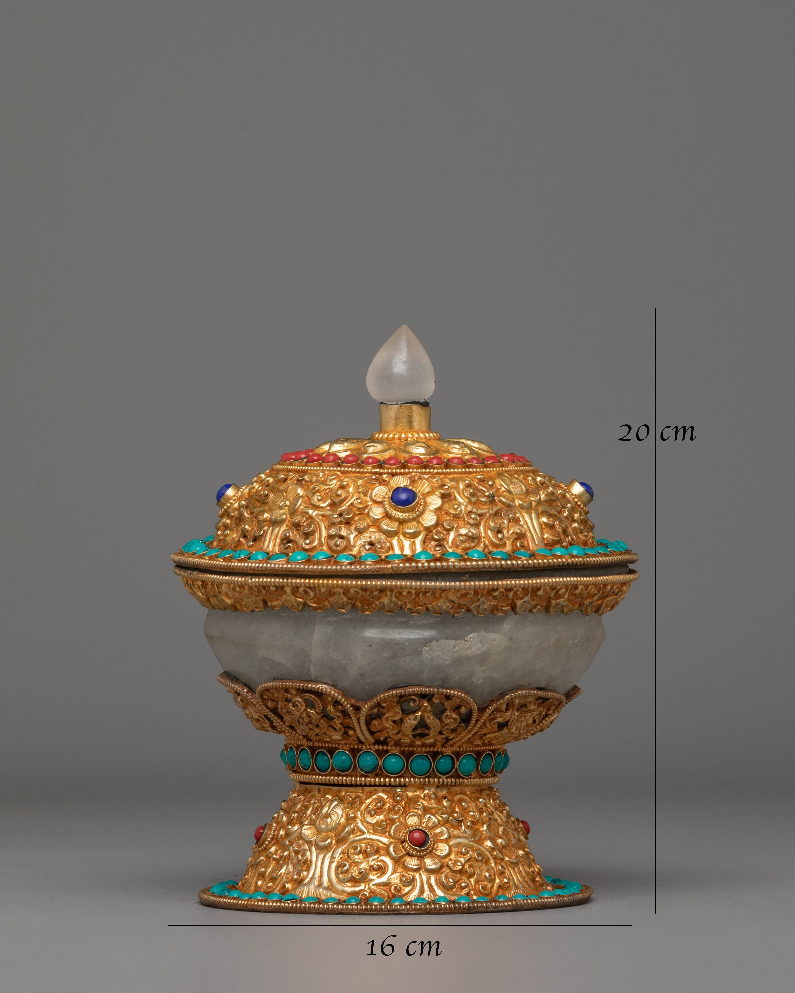 Spiritual Buddhist Rice Pot | Electro Gold-Plated Copper with Coral & Turquoise