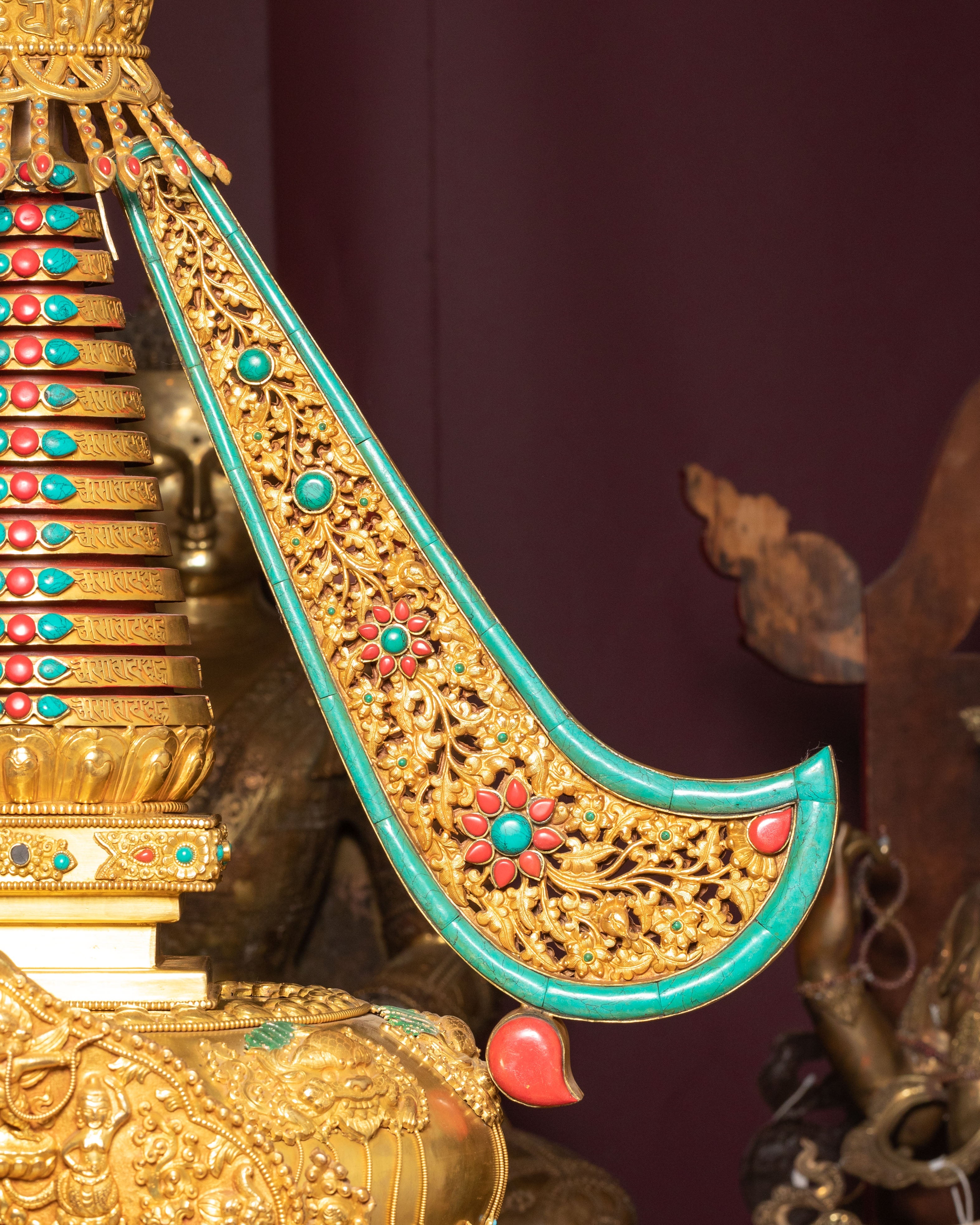 Sacred Buddhist Stupa for Altar | Gold-Plated Tibetan Stupa with Coral & Turquoise