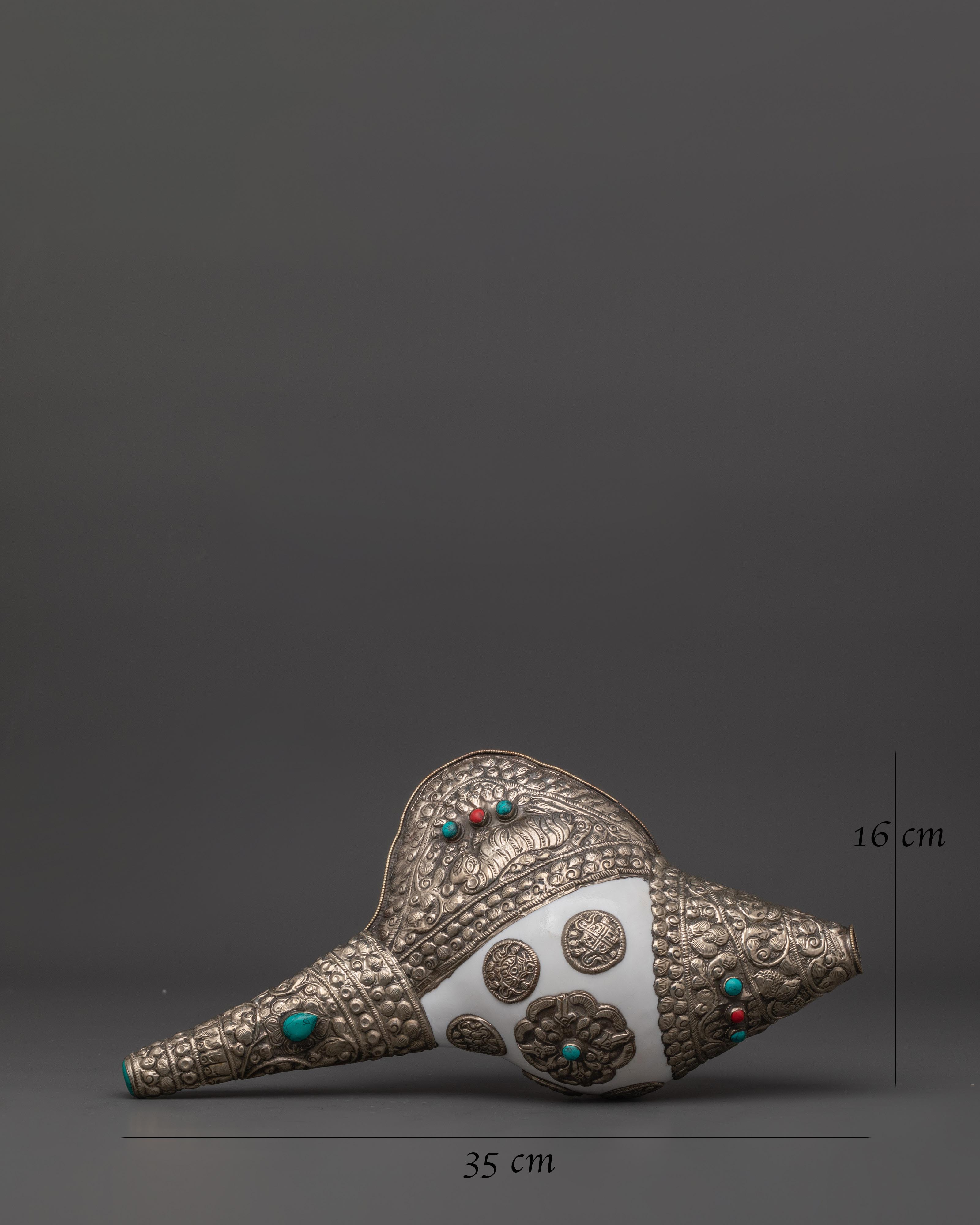 Handcrafted Puja Conch Shell | Tibetan Shankha with Brass and Turquoise Stone